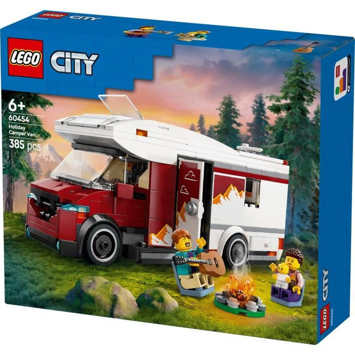 Pudełko LEGO City Holiday Camper Van z figurkami wokół ogniska.