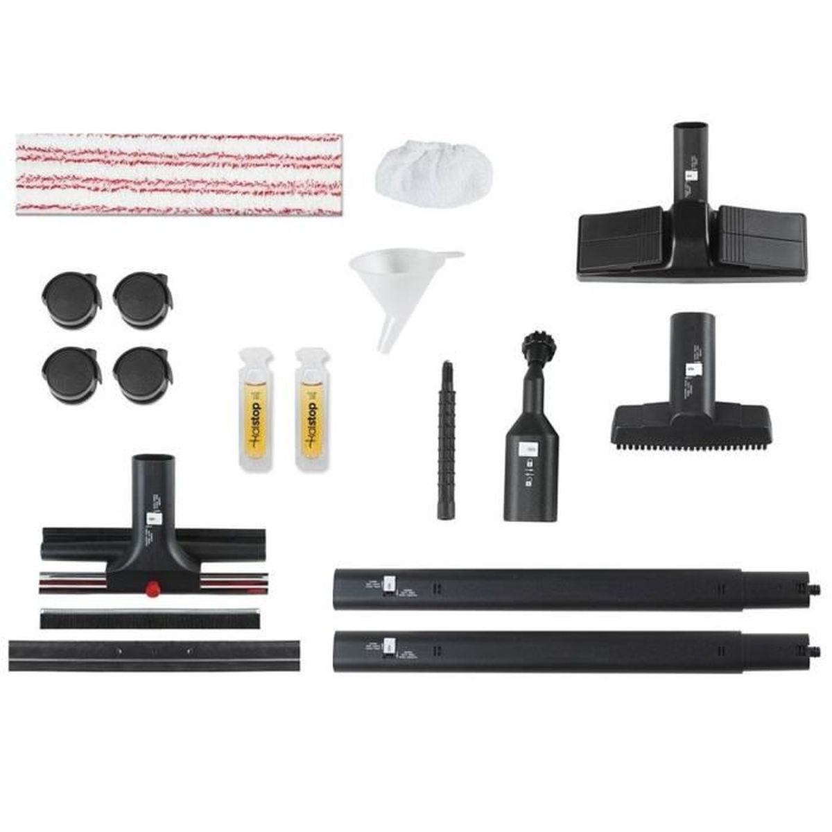 Różne części i akcesoria narzędzi czyszczących, w tym mopy i butelki.