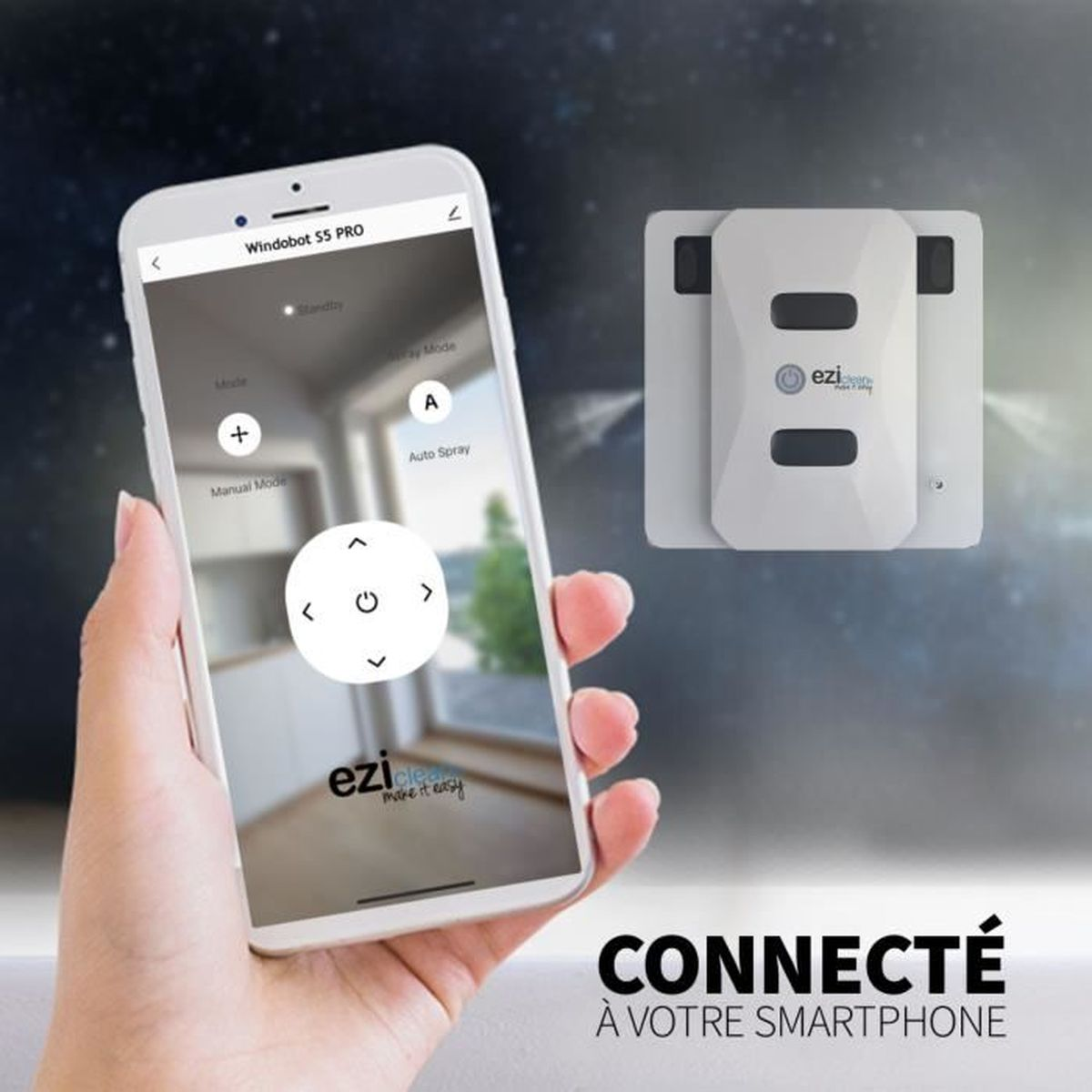 Osoba trzymająca telefon z ekranem pokazującym myjkę do okien i połączony tekst.