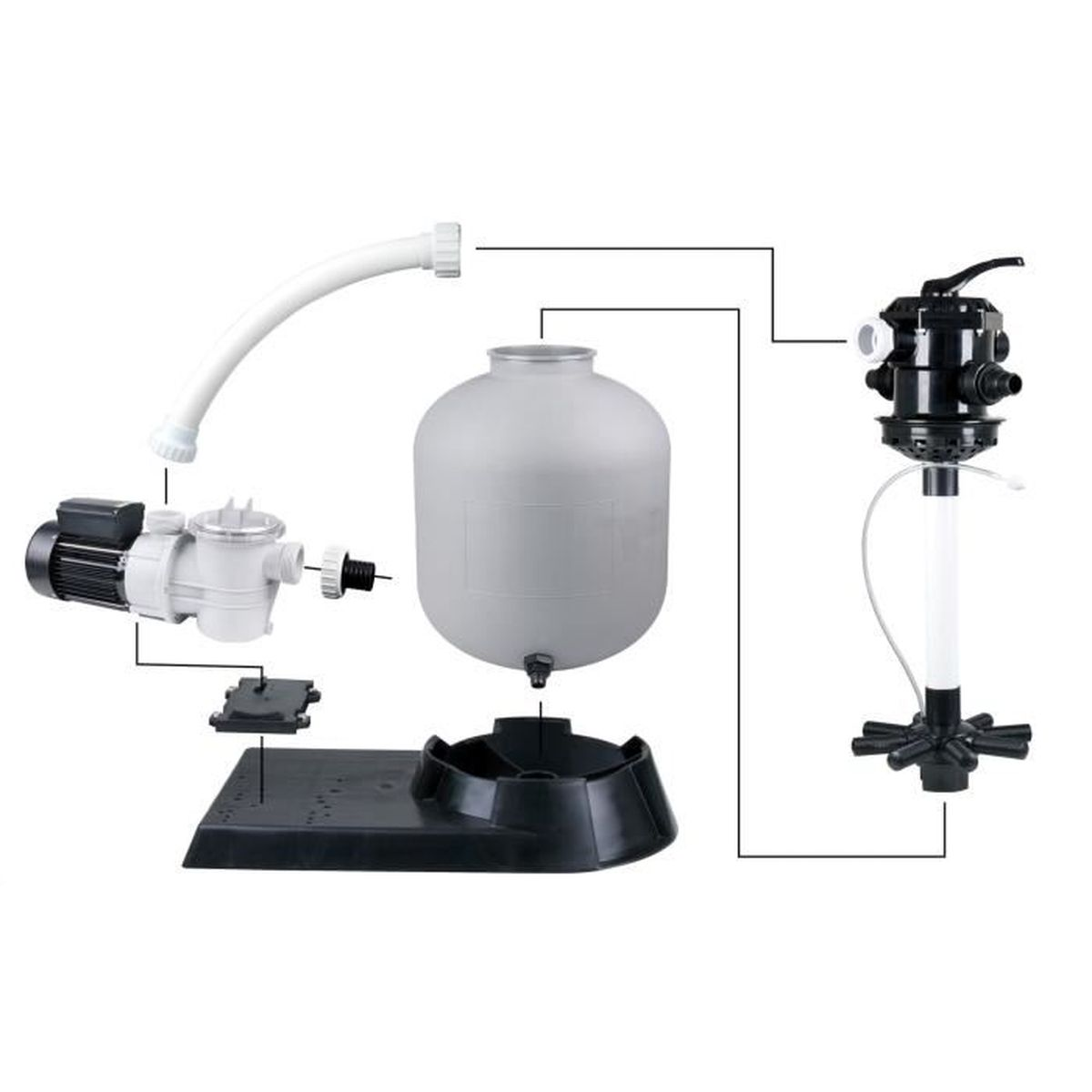 Diagramm von Poolausrüstung. Enthält eine Pumpe, einen Tank und ein Filtersystem. Weißer Hintergrund.