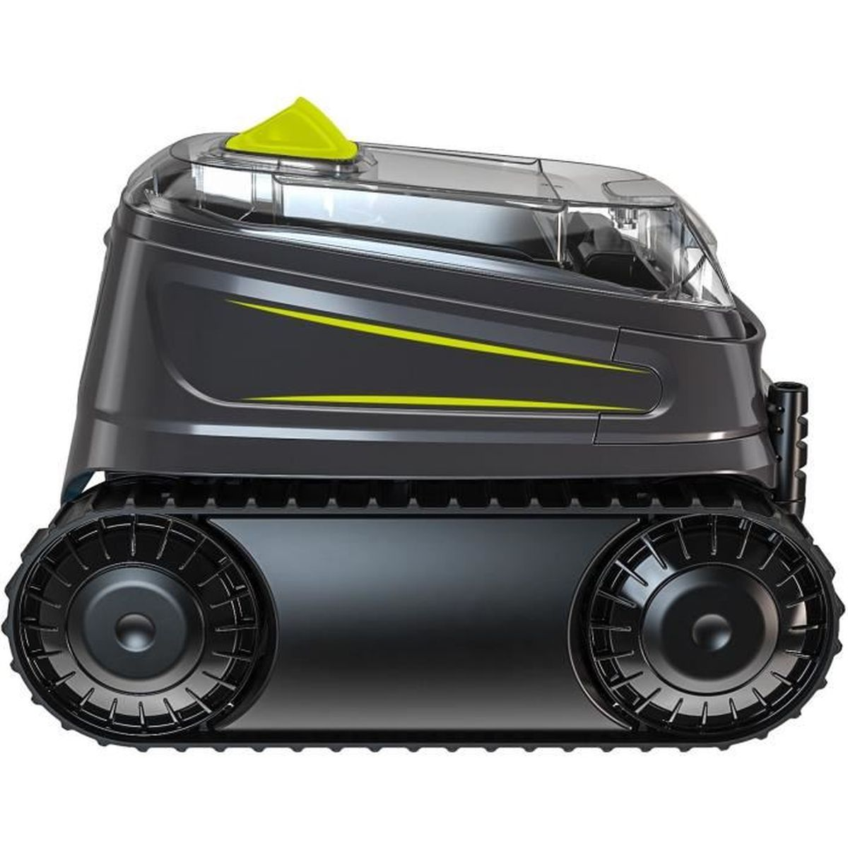 Schwarzer und grauer Roboter-Poolreiniger mit gelben Details oben. Er hat Ketten statt Räder.