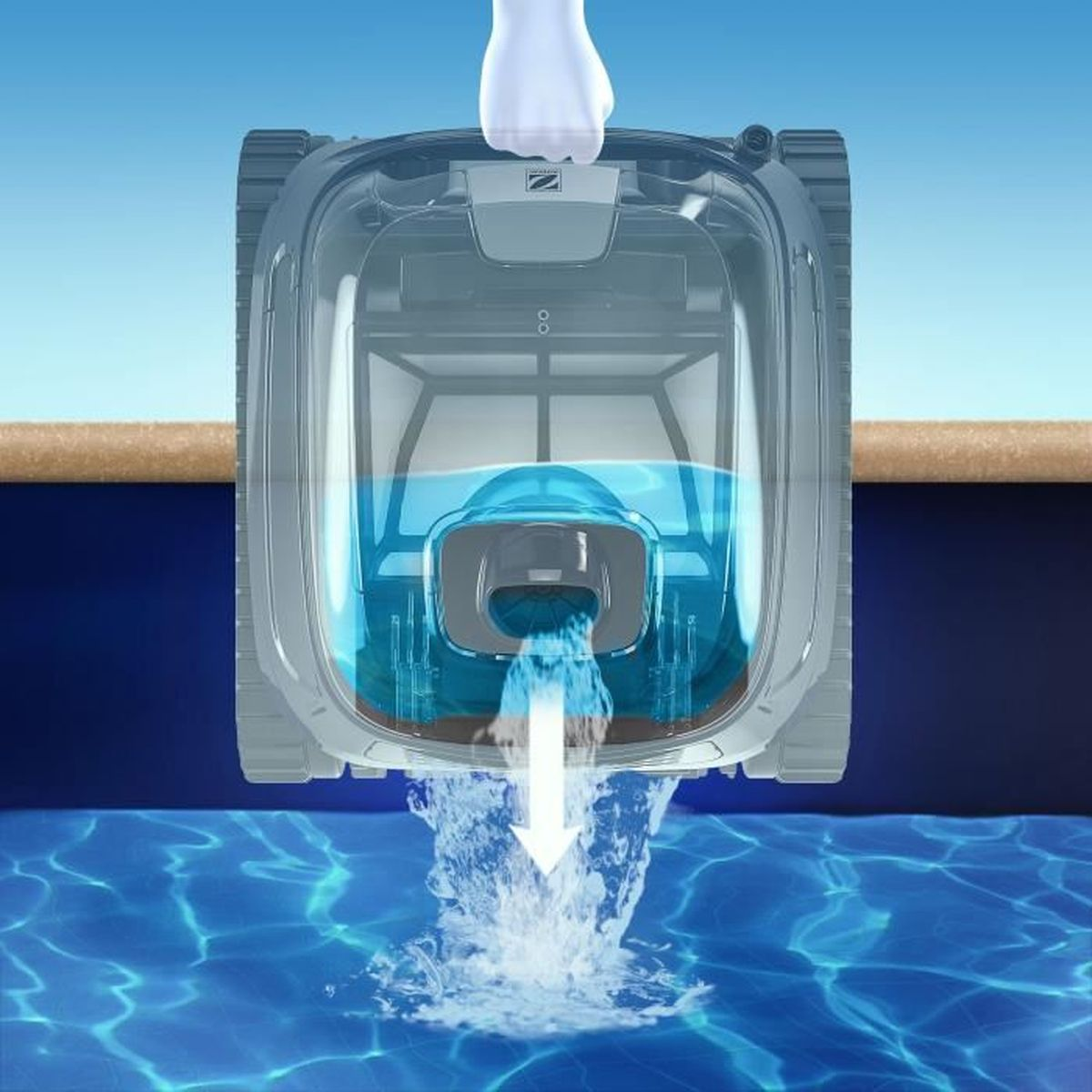 Roboter-Poolreiniger mit Wasserstrahl. Blaues Wasser. Weißer Hintergrund.