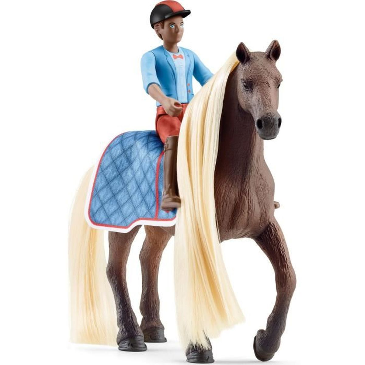 Spielzeugpferd, geritten von einer Figur in Reitkleidung. Das Pferd ist braun, der Reiter schwarz.