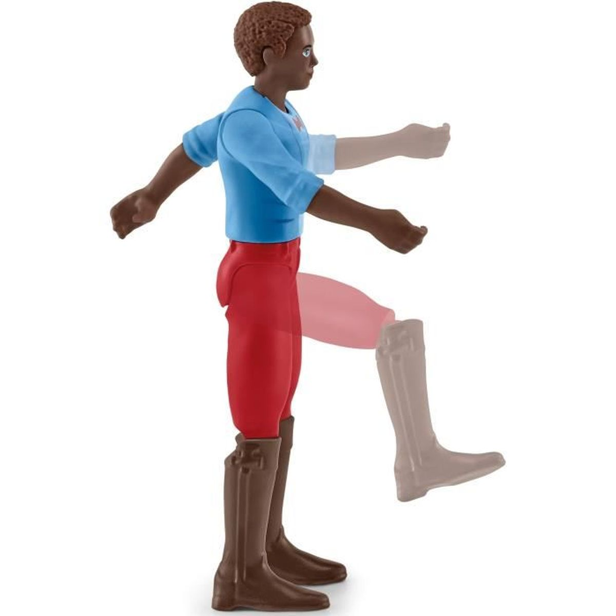 Eine Spielfigur eines Jungen in Reitkleidung, mit einem Bein und Arm in Bewegung.