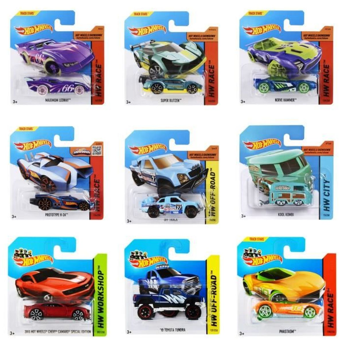 Nove macchinine Hot Wheels nella loro confezione originale. Sfondo: una superficie bianca.