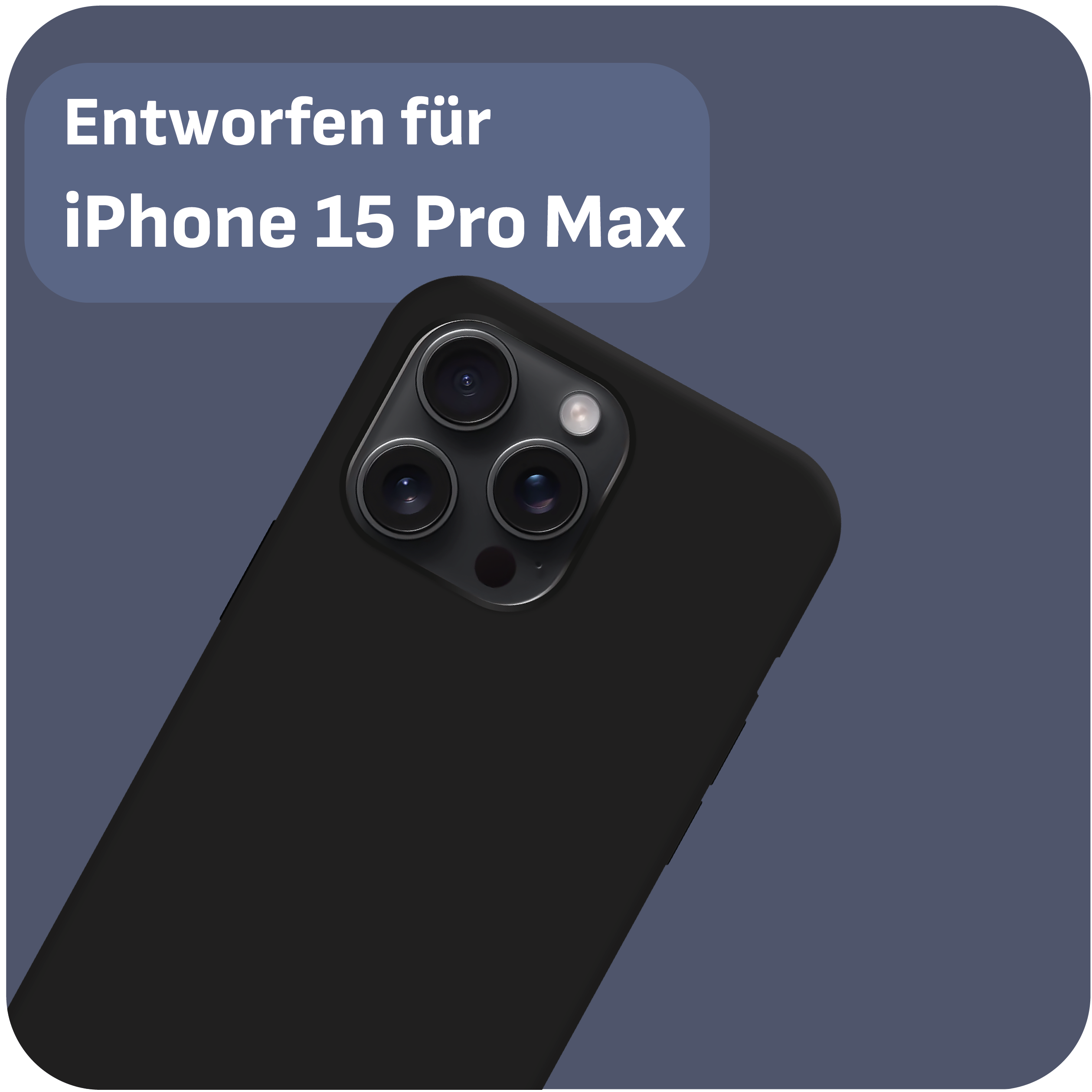 Schwarze Handyhülle mit Text: "Entworfen für iPhone 15 Pro Max".