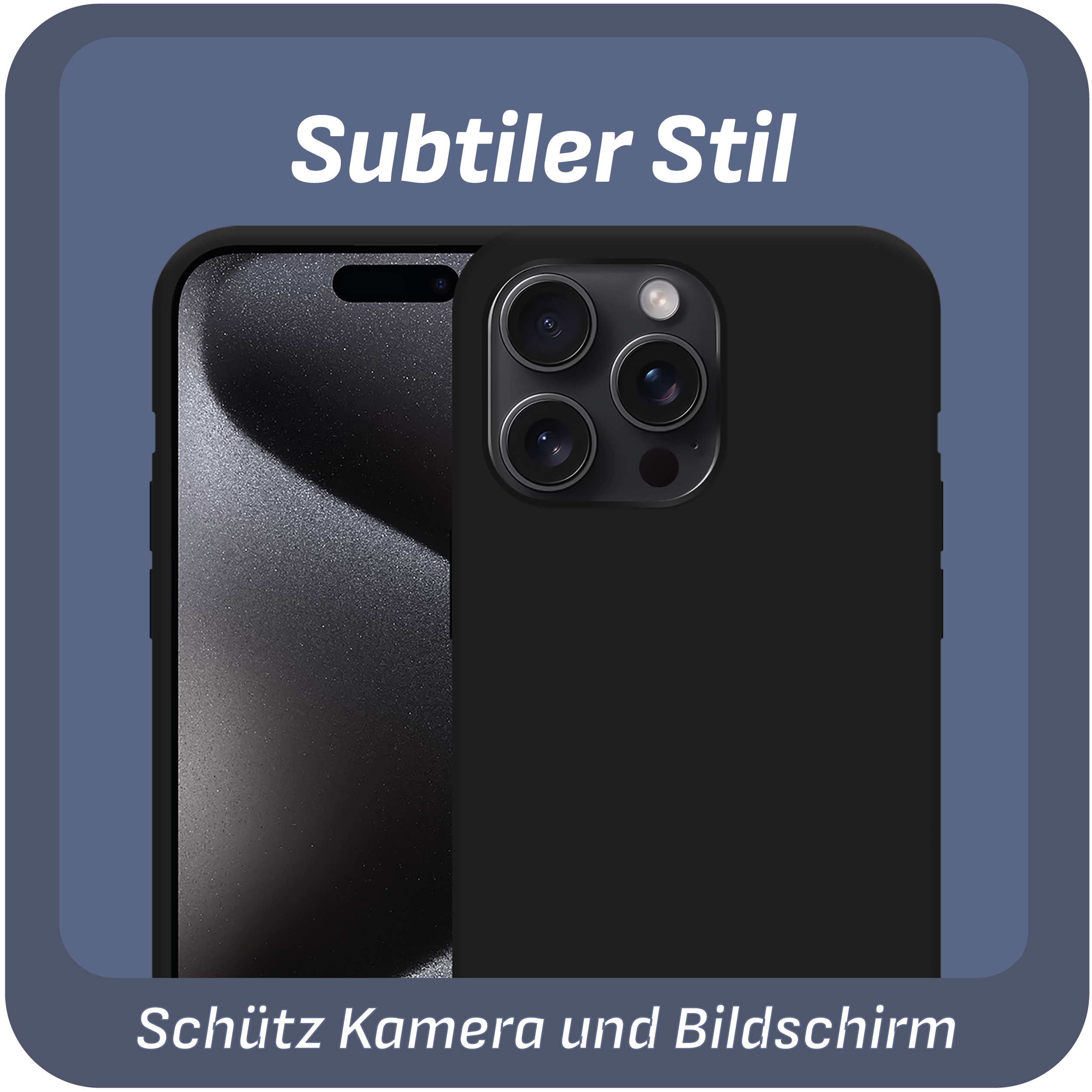 Schwarze Handyhülle mit Kameraschutz. Telefon ist auf der Vorderseite sichtbar.
