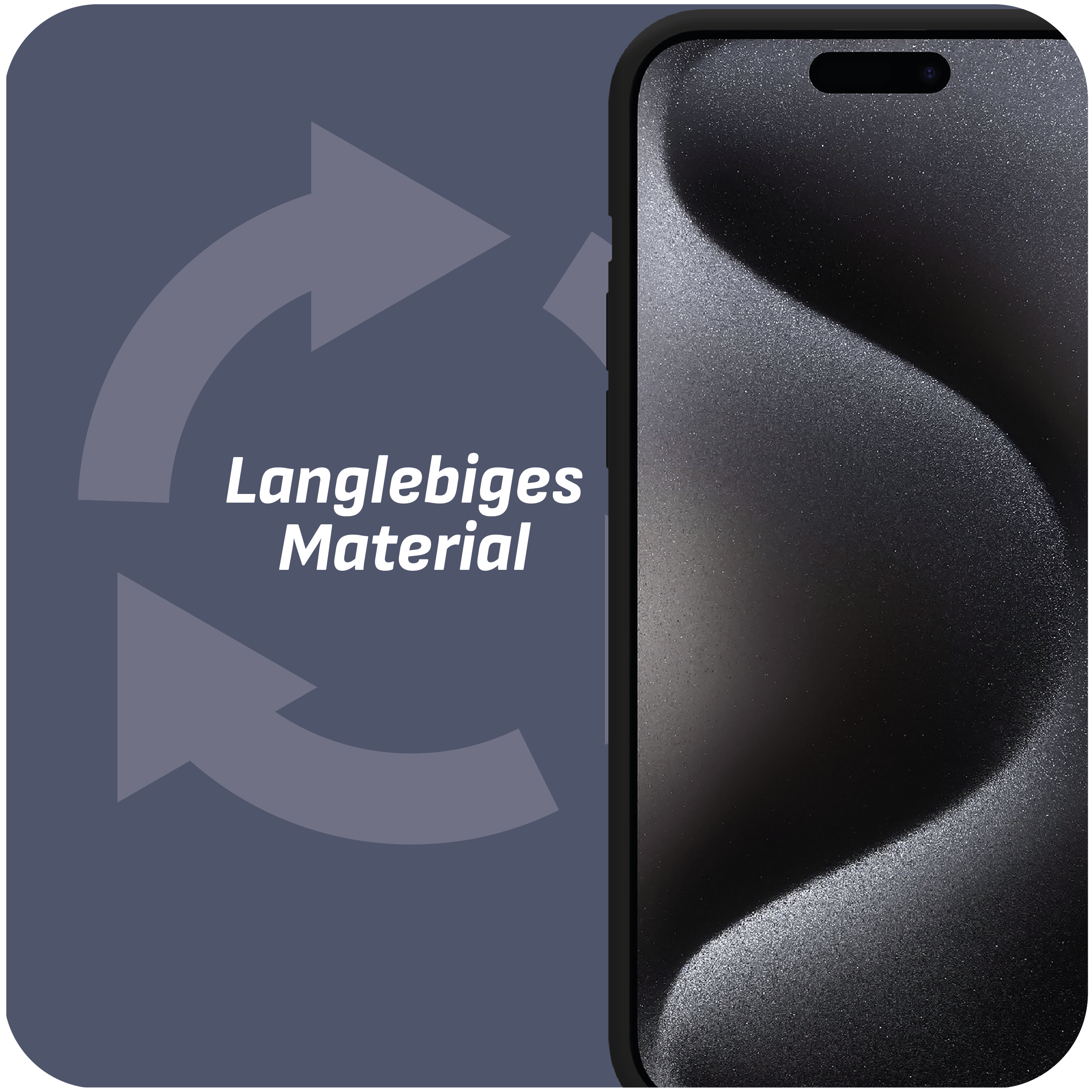 Ein Smartphone mit schwarzem Bildschirm und den Worten „Langlebiges Material“ und Pfeilen.