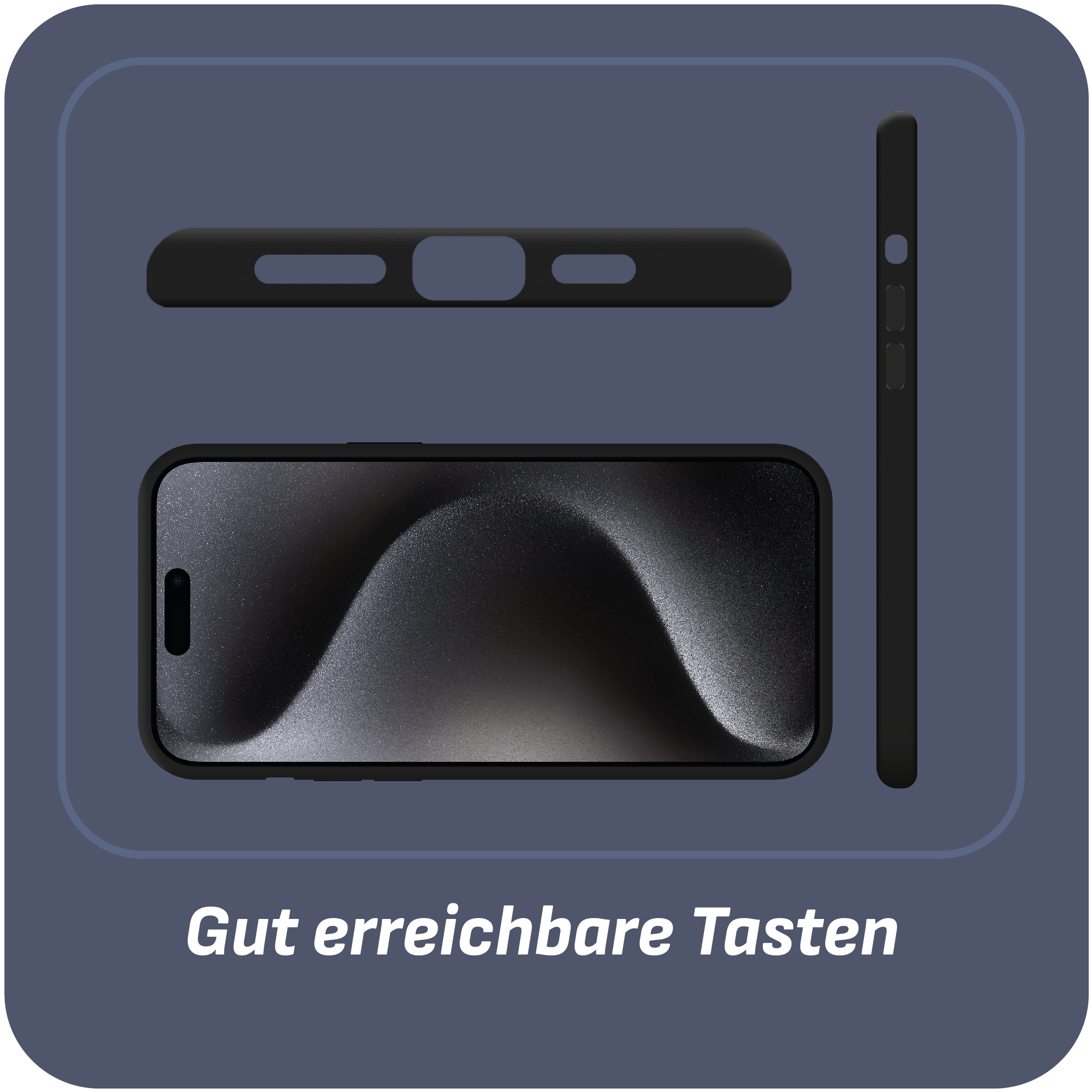 Schwarze Handyhülle mit Handy-Umriss, Draufsicht, Seitenansicht und Text.