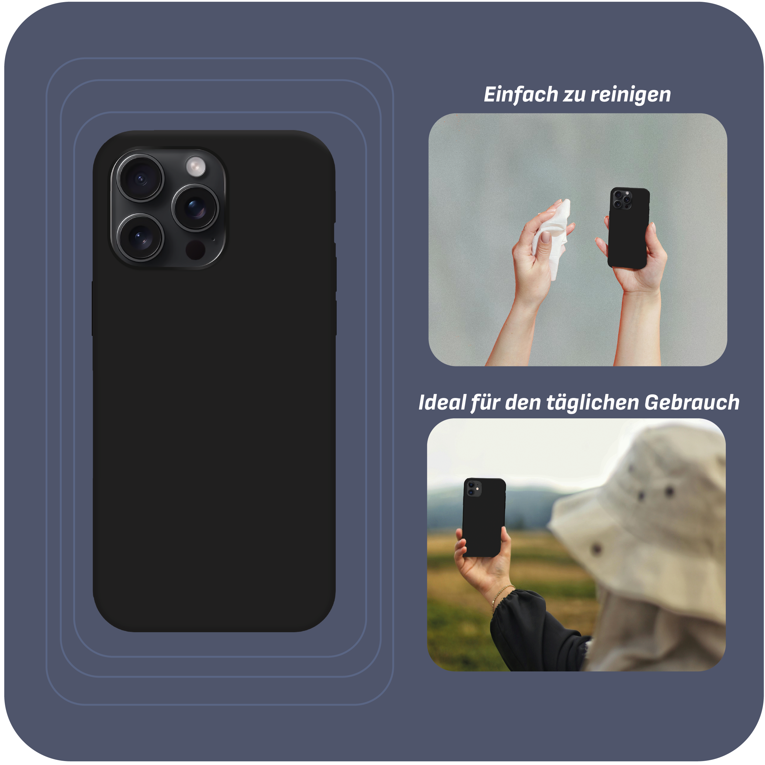 Schwarze Handyhülle mit Text. Zeigt ein Handy, das gereinigt und draußen gehalten wird.