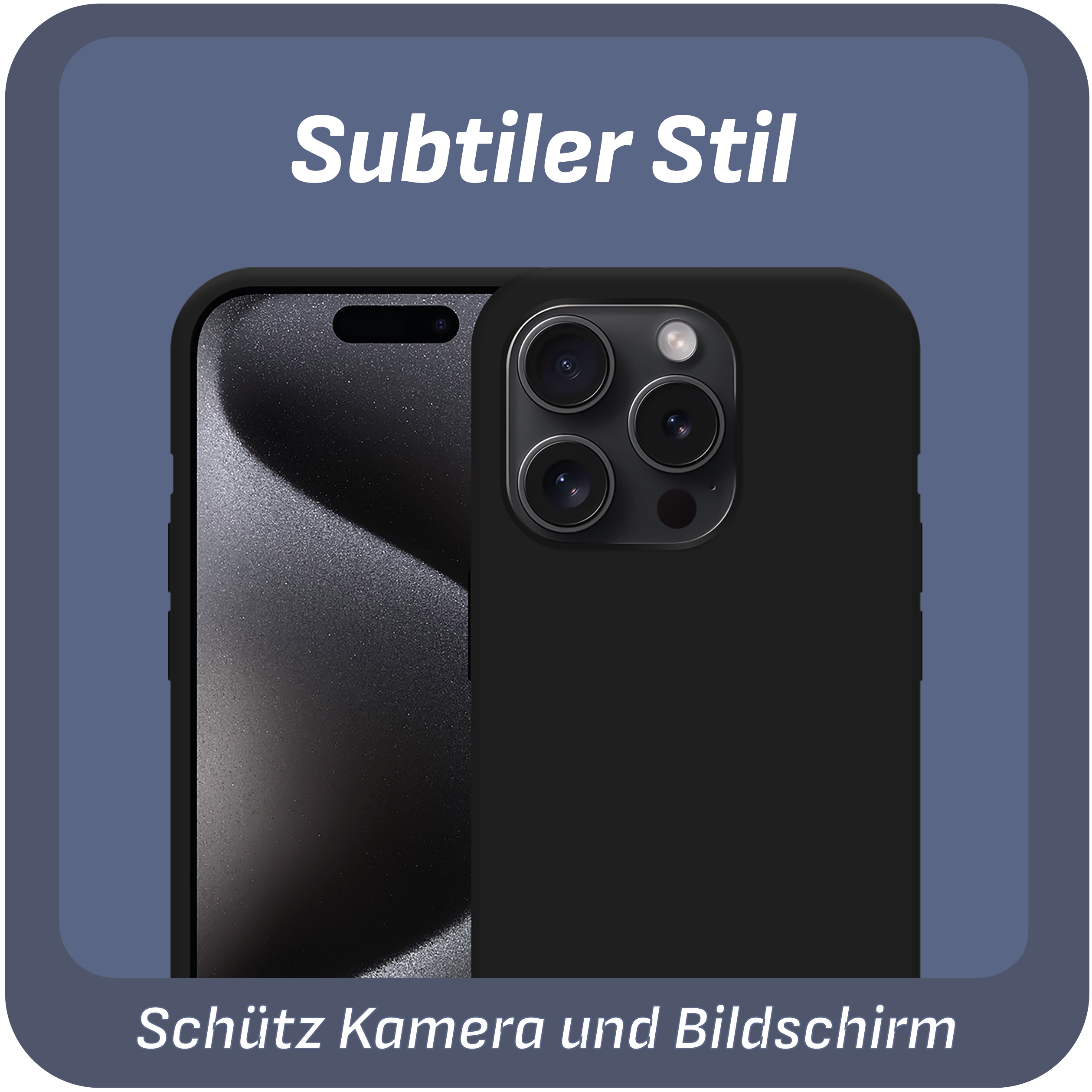 Schwarze Handyhülle mit drei Kameralinsen. Text: Subtiler Stil, schützt Kamera und Bildschirm.