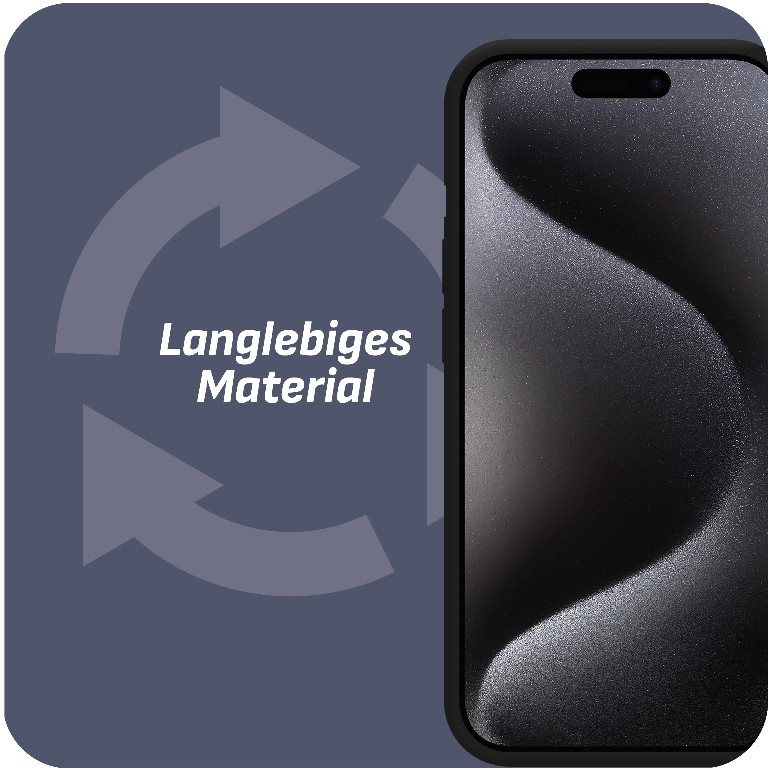 Schwarzes Smartphone mit gebogenem Bildschirm, graue Pfeile und Text: "Langlebiges Material" auf blauem Hintergrund.