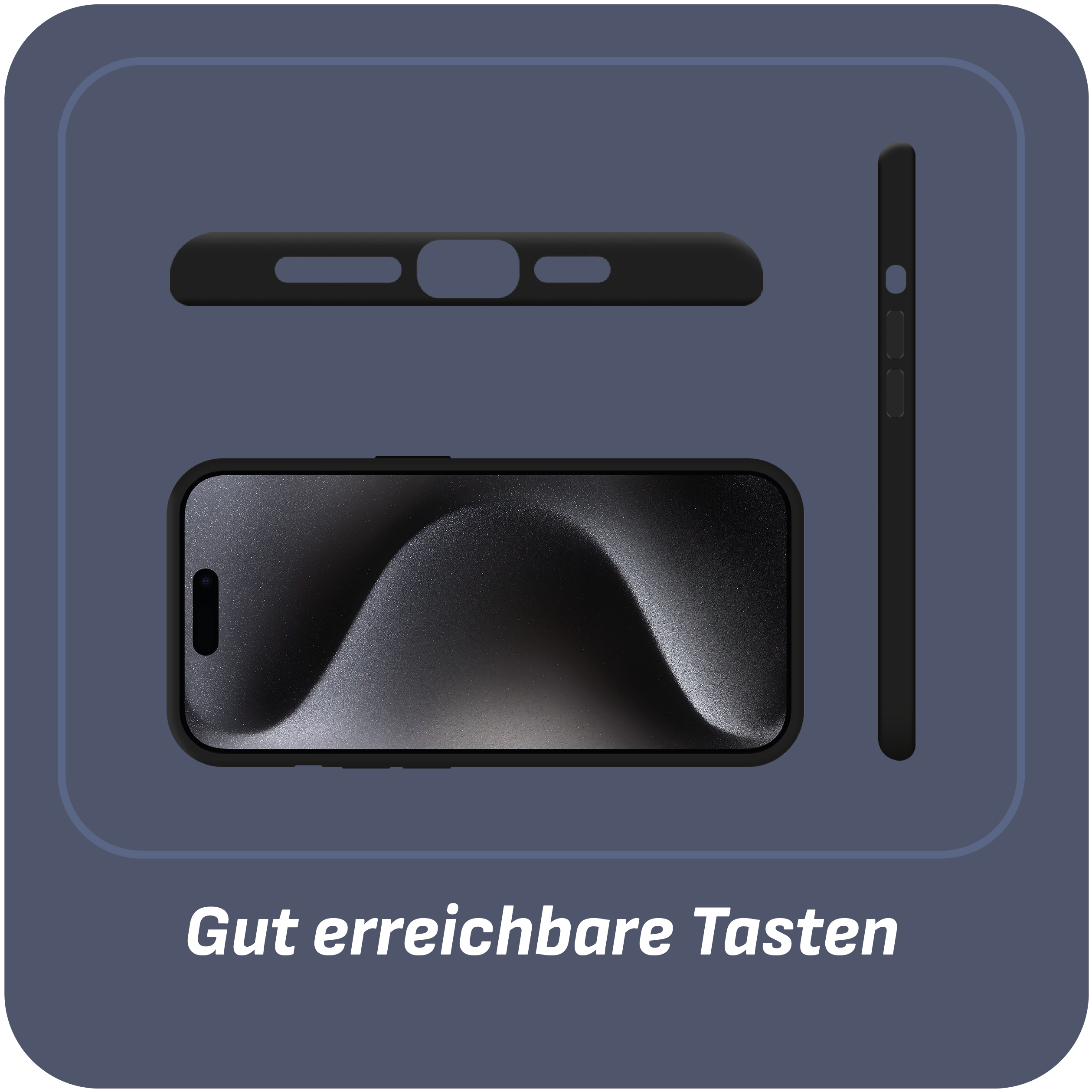 Schwarzes Telefon und Hülle, mit Aussparungen für Tasten und Kamera.