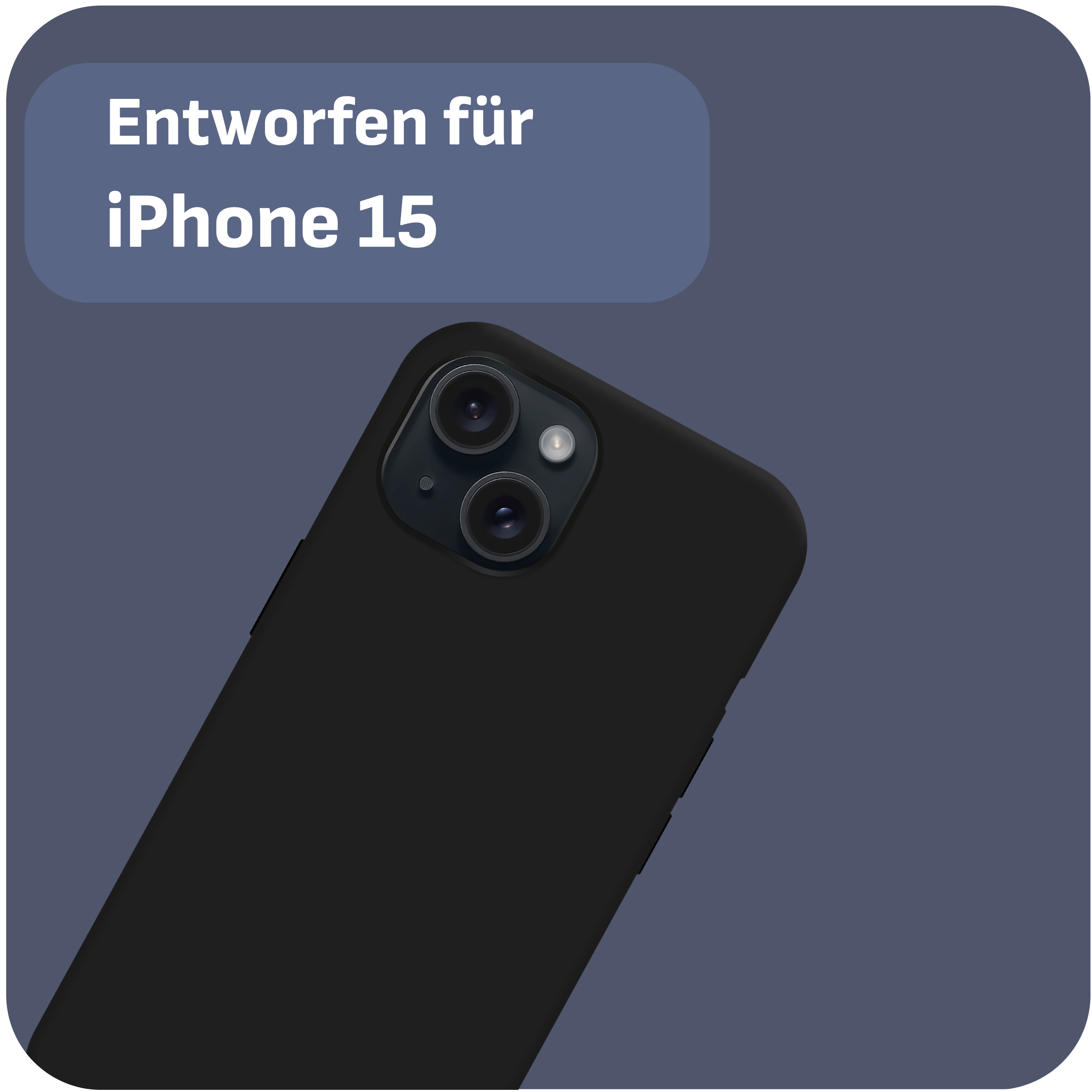 Schwarze Handyhülle für iPhone 15, mit Nahaufnahme des Kameramoduls.