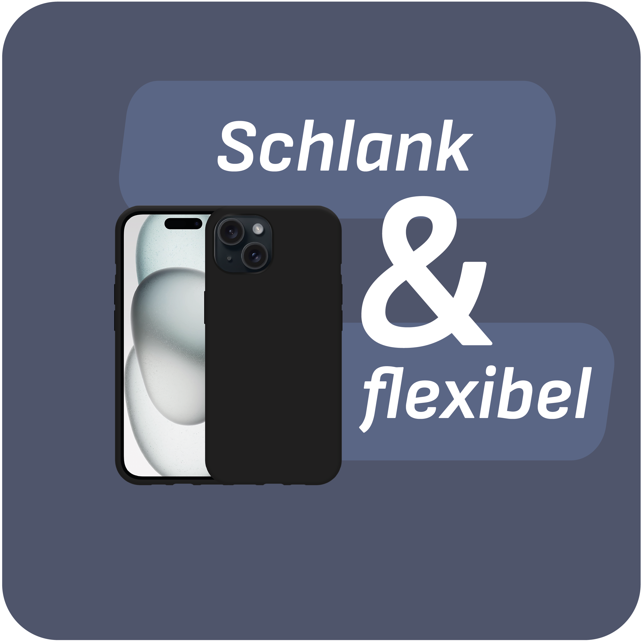Schwarze Handyhülle mit einem Telefon darin, der Text 