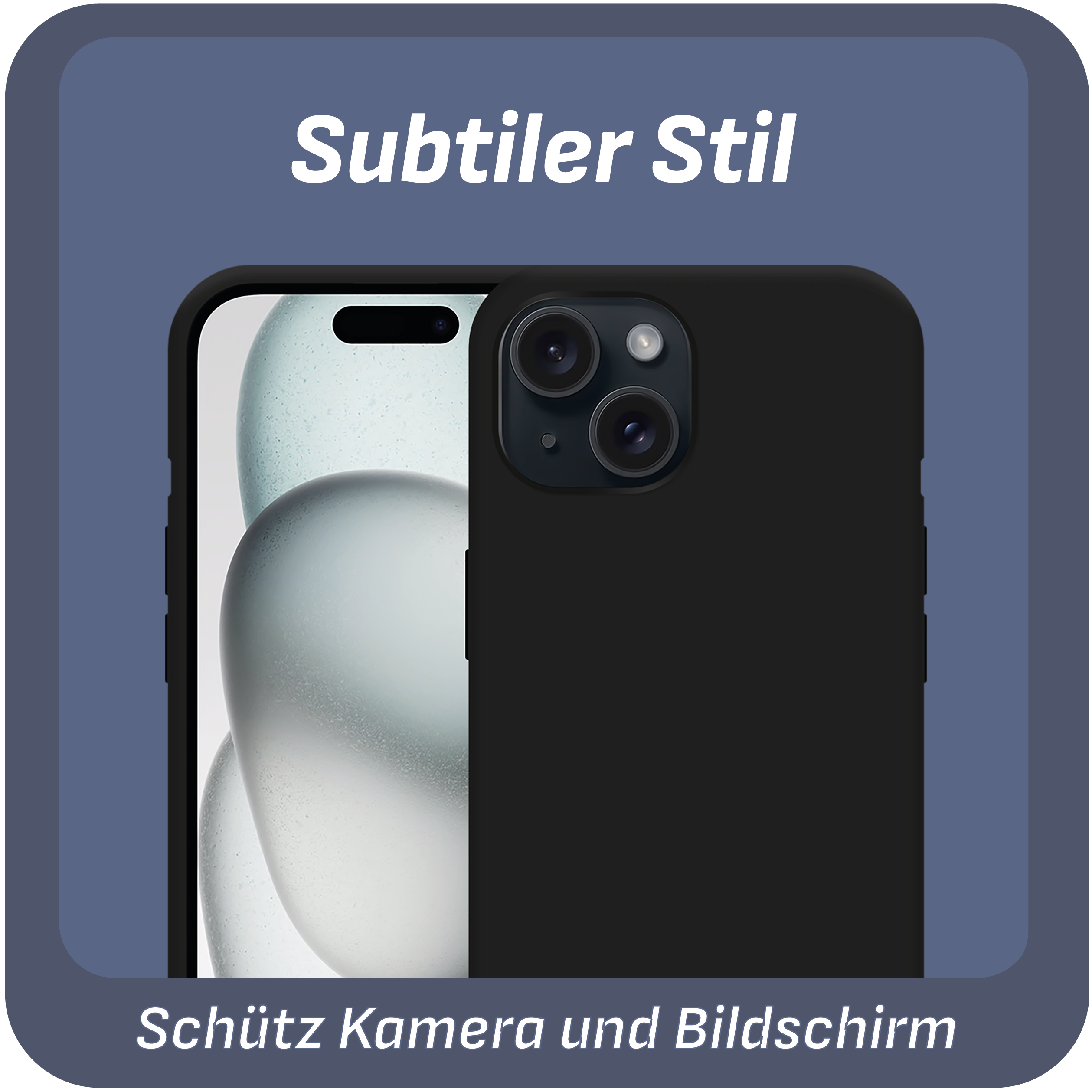 Telefon in schwarzer Hülle, mit Kameraausschnitt. Text: 'Schütz Kamera und Bildschirm'.