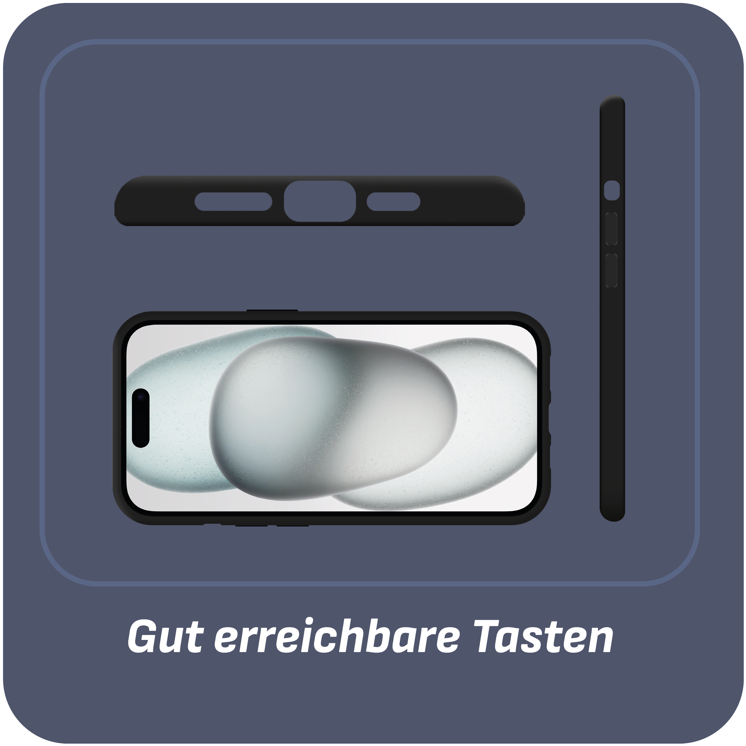 Schwarze Handyhülle mit einem weißen Telefon darin. Zeigt die Seiten des Telefons.