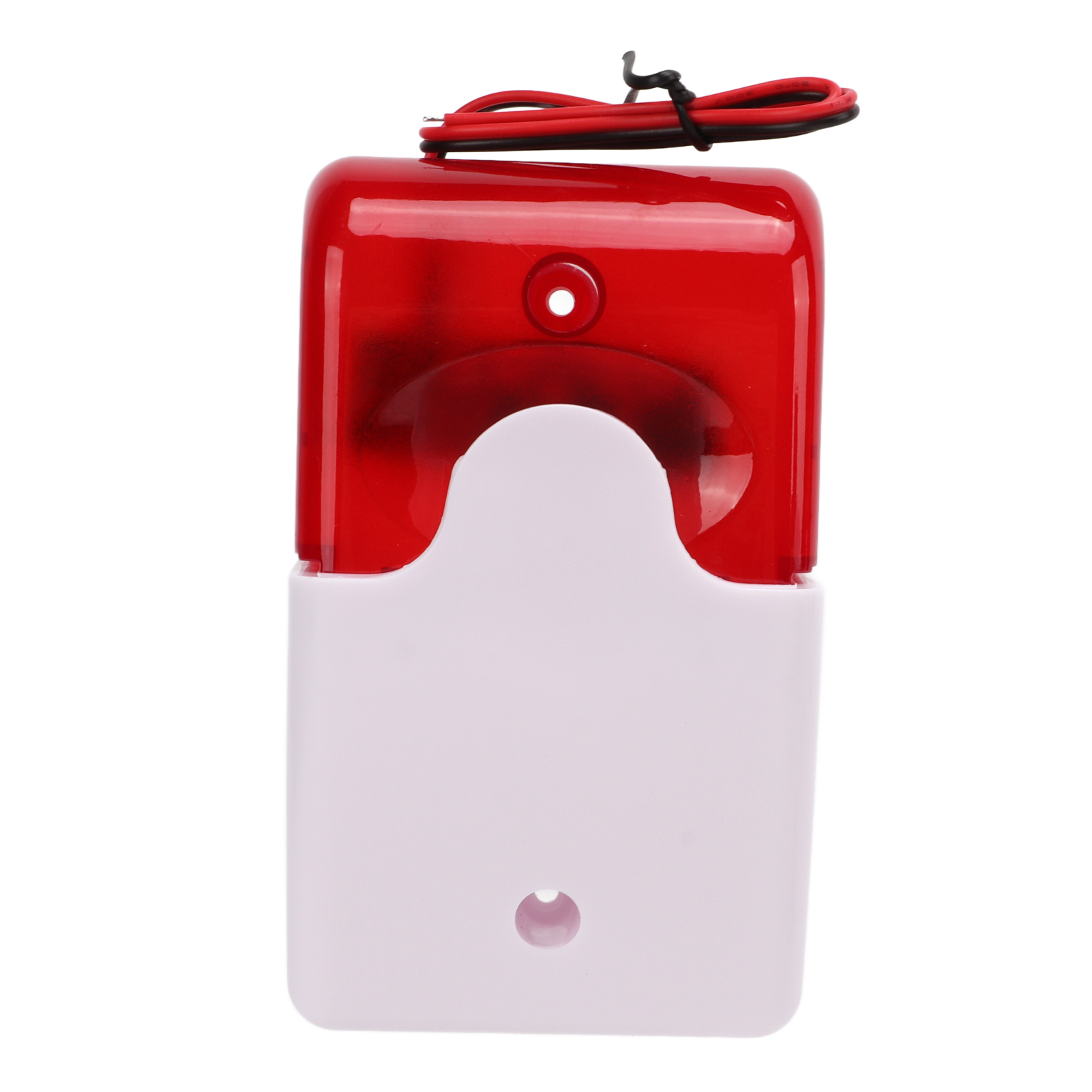 Ein roter und weißer Alarm. Die Oberseite ist rot, mit einer weißen Basis. Es hat ein Loch.
