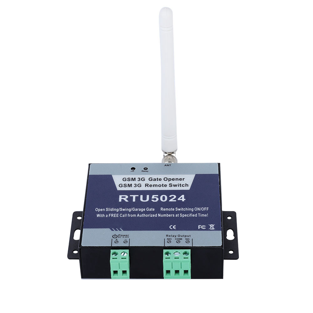 GSM 3G Toröffner: ein schwarzes Gerät mit Antenne, beschriftet RTU5024, mit grünen Klemmen.
