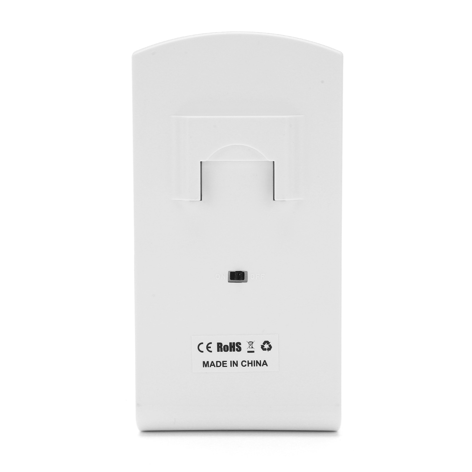Ein weißer rechteckiger Alarm mit Schalter, CE RoHS und Made in China.