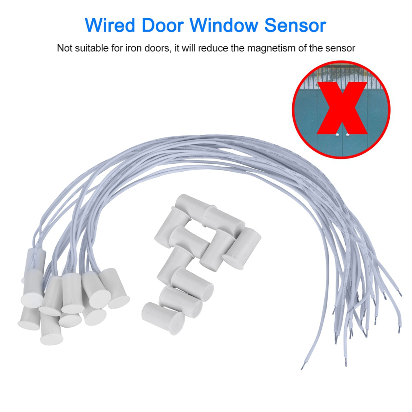 Eine Sammlung weißer Tür-/Fenstersensoren mit angeschlossenen Drähten und einem roten „X“.
