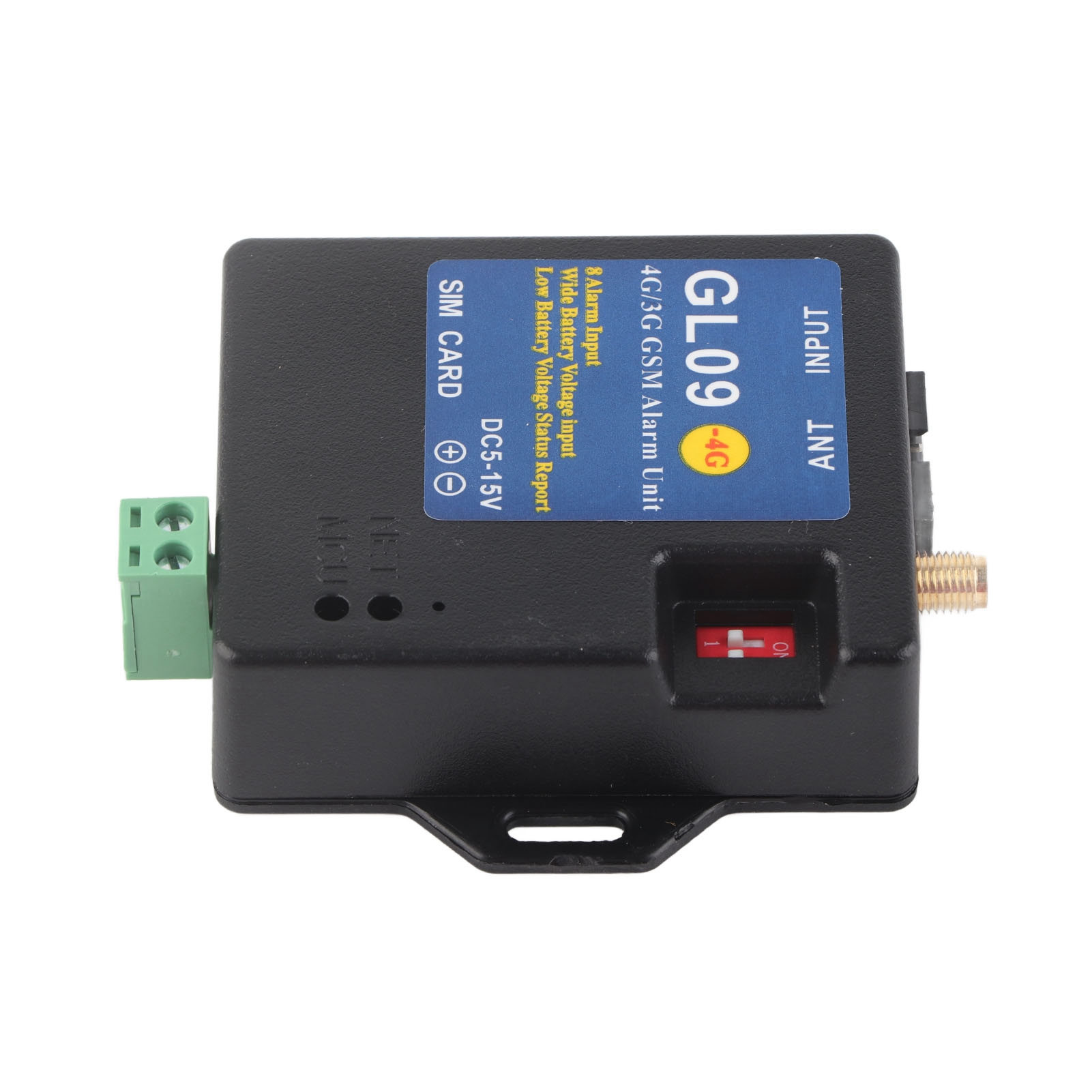 Schwarzes elektronisches Gerät mit SIM-Kartensteckplatz, rotem Schalter und Anschlussklemmen.