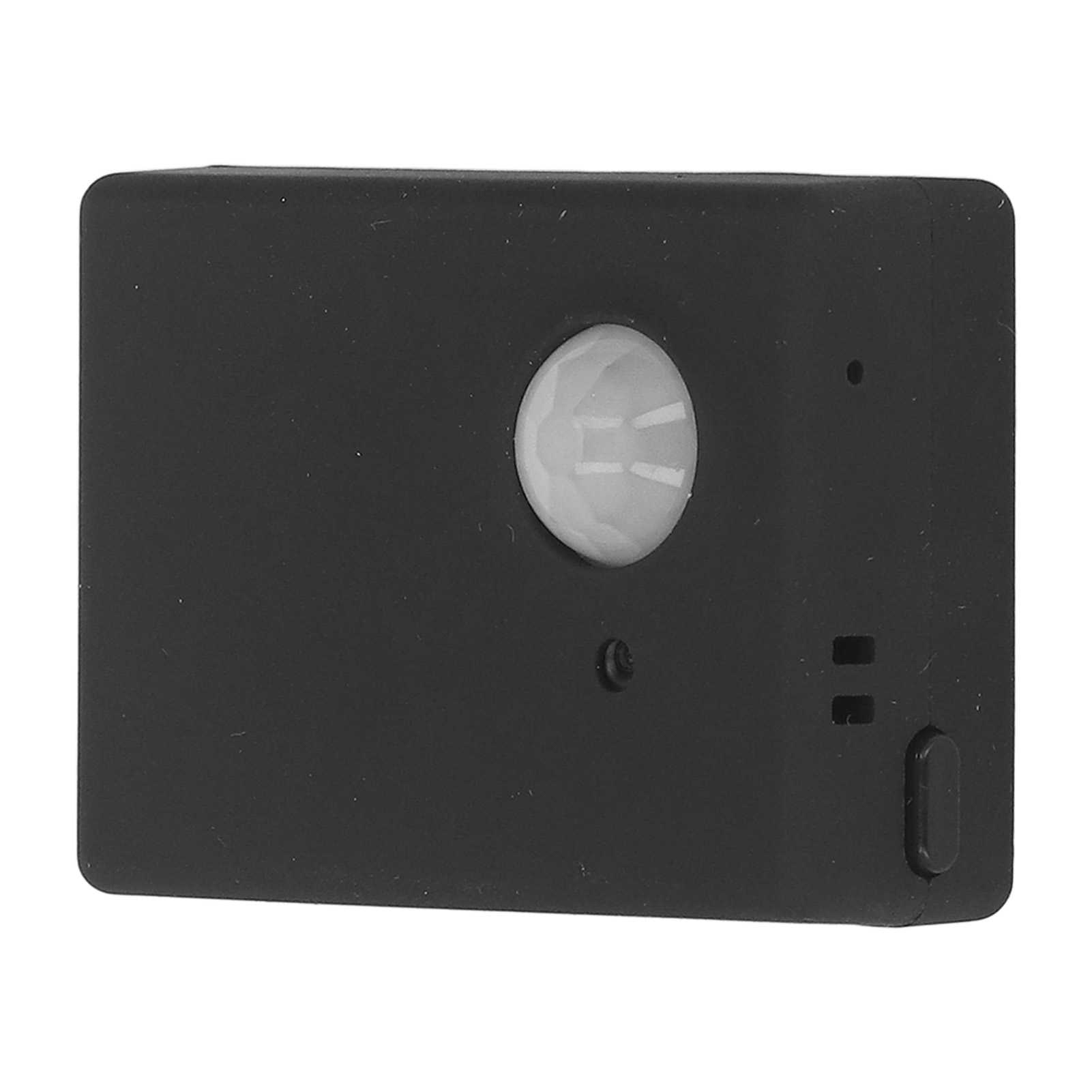 Ein kleines schwarzes Gerät mit einem weißen Sensor und einem Knopf. Weißer Hintergrund.