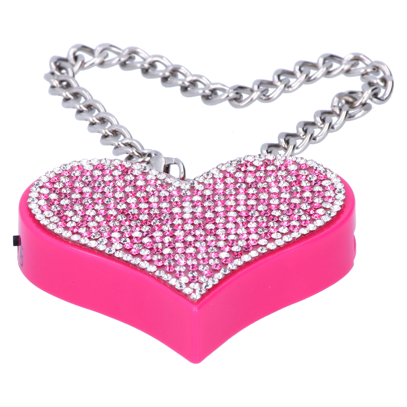 Pinker herzförmiger Anhänger mit Strasssteinen an einer silbernen Kette, isoliert.