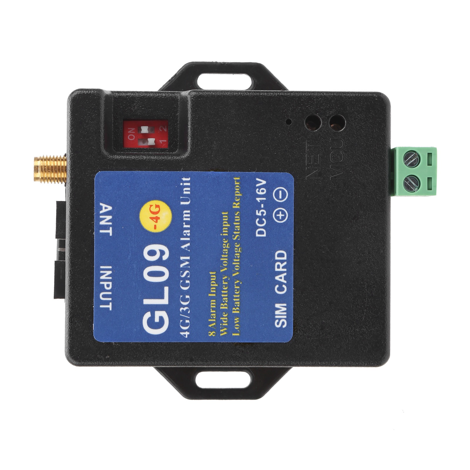 Schwarze 4G GSM Alarmeinheit mit Etiketten. Der Hintergrund ist weiß.