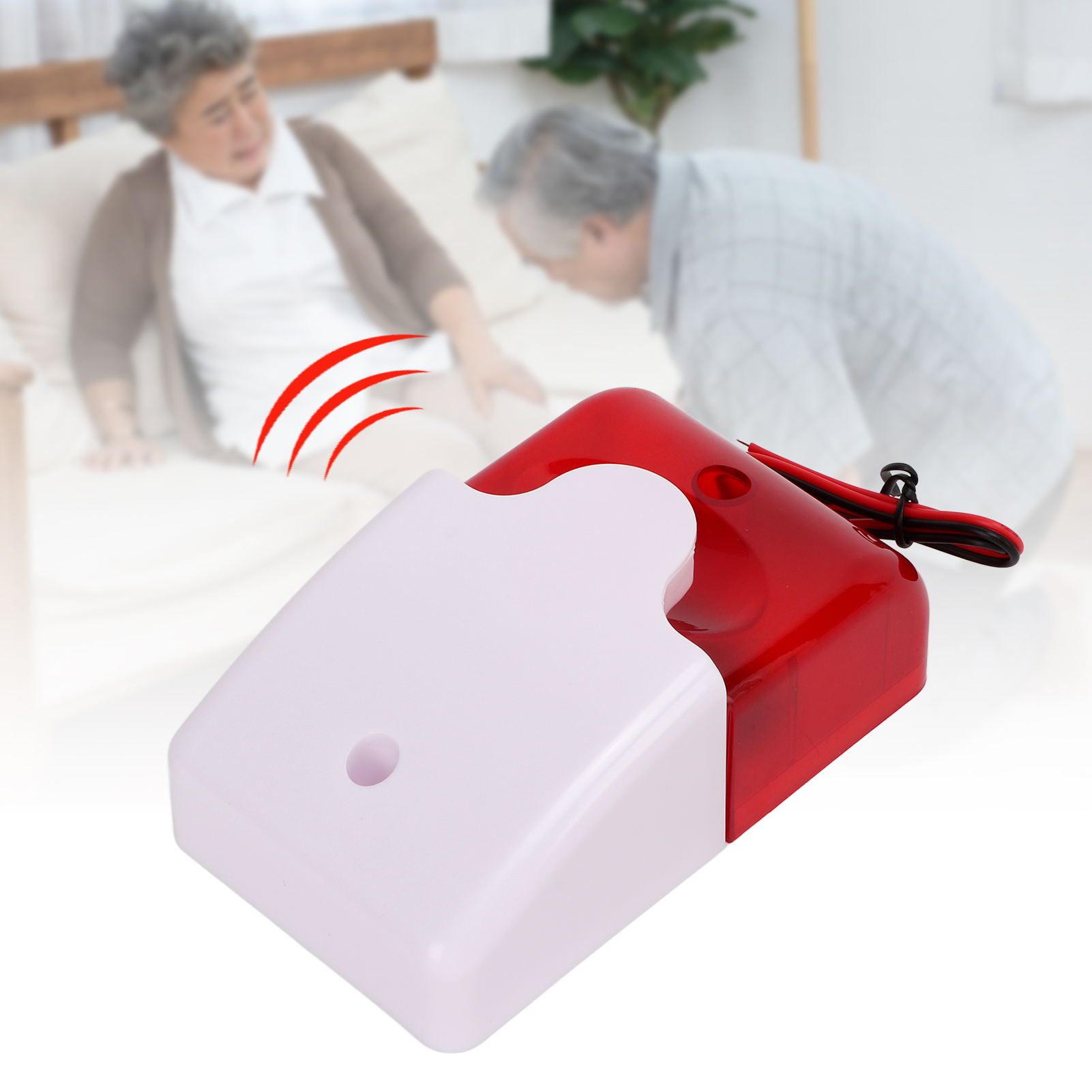 Weißer und roter Notfallalarm mit älterem Ehepaar im Hintergrund und Schallwellen.
