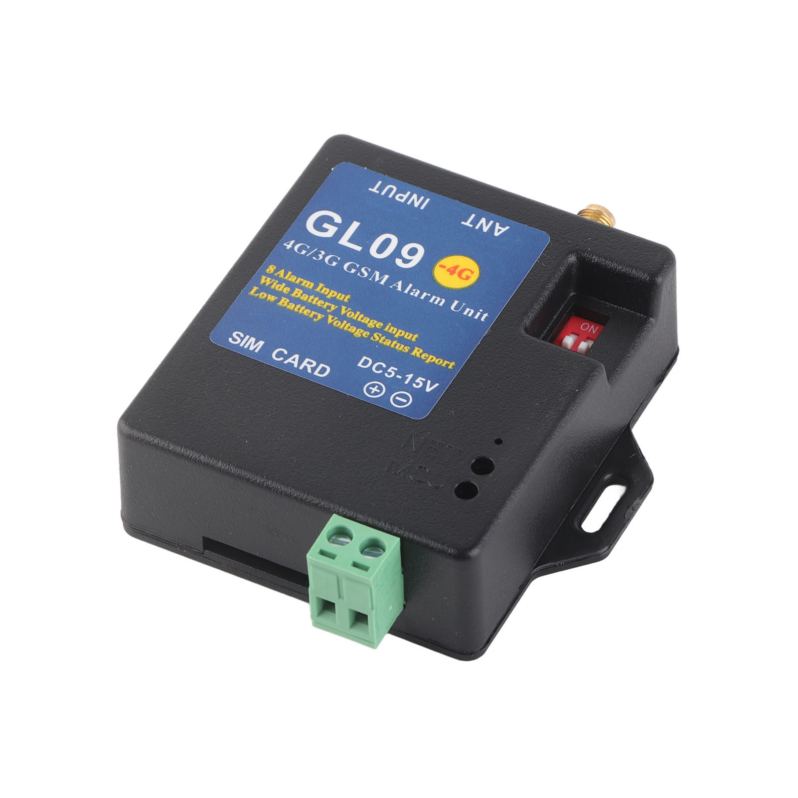 Ein schwarzes GL09 4G/3G GSM-Alarmsystem mit Etiketten für Antenne, SIM-Karte und Anschlüsse.