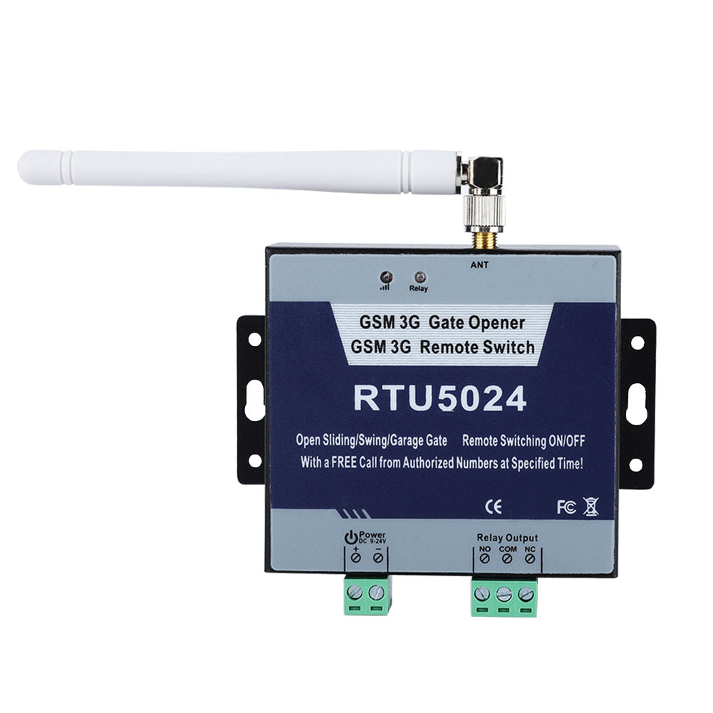 Schwarzer GSM 3G Fernschalter mit Antenne, beschriftet RTU5024 zur Toröffnung.