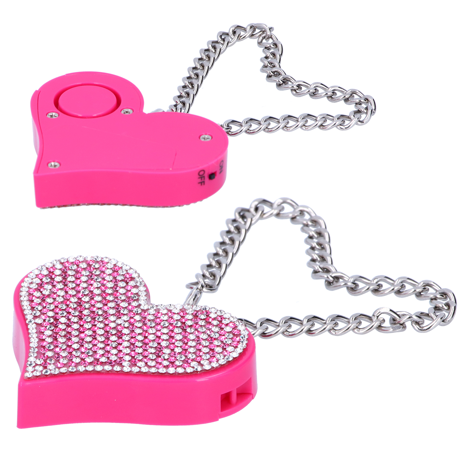 Zwei herzförmige persönliche Alarme in Rosa mit Ketten. Einer ist mit Strasssteinen verziert.