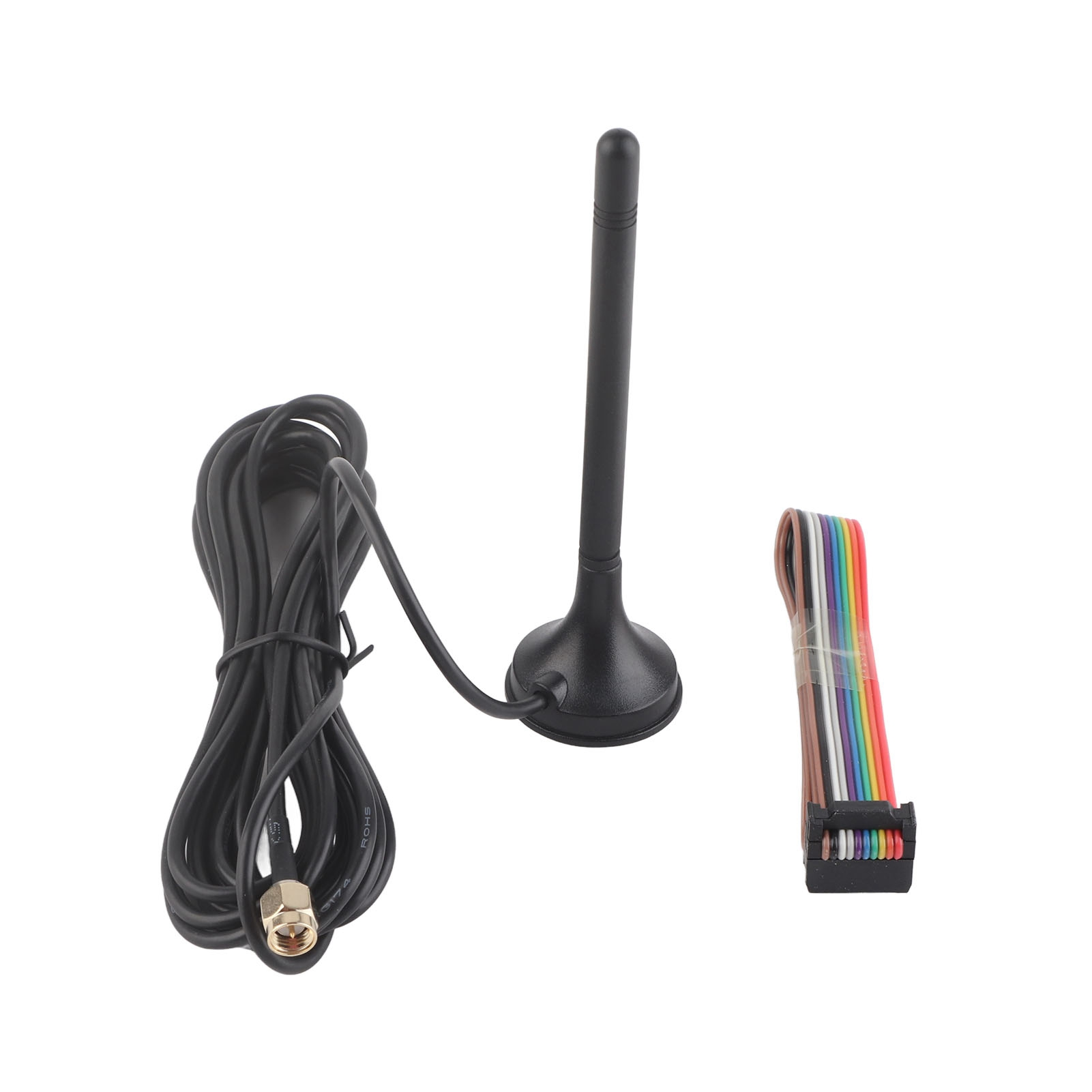 Antenne mit Kabel und Stecker. Ein Bündel mehrfarbiger Drähte ist ebenfalls sichtbar.