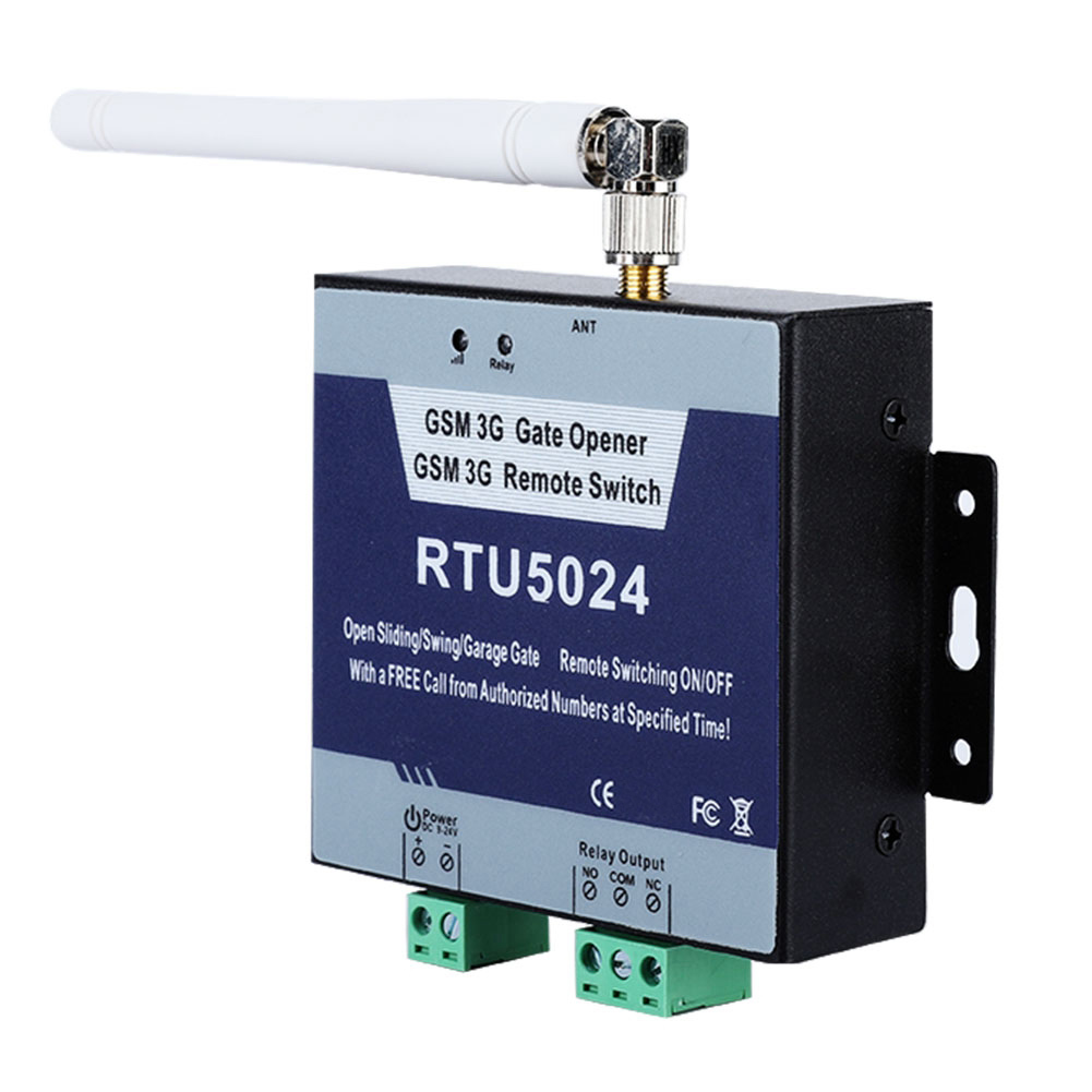 Schwarzes und graues Gerät mit Antenne, beschriftet mit 'GSM 3G Gate Opener' und 'RTU5024'.