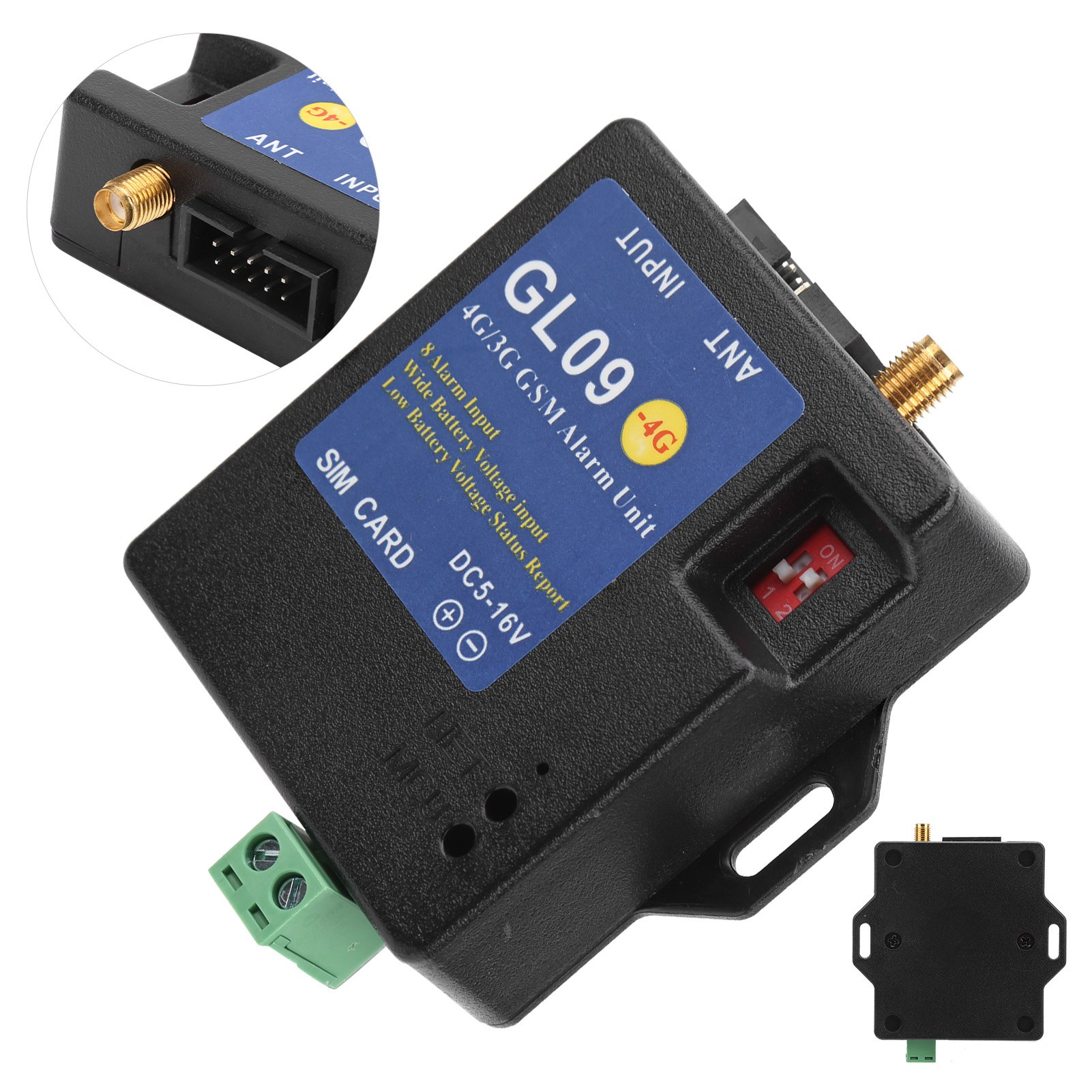 Schwarze 4G/3G GSM-Alarmeinheit mit Antenne, SIM-Kartensteckplatz und Eingangsanschlüssen. Schalter und Lichter.