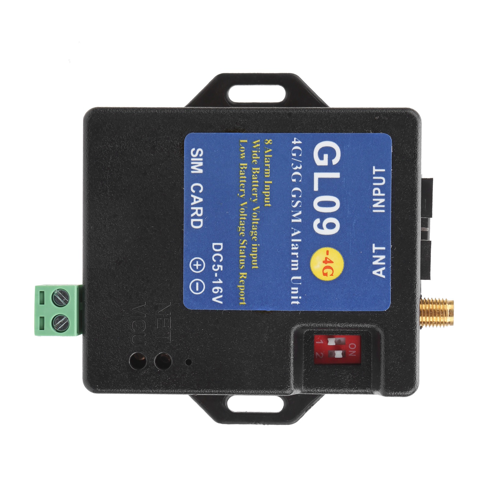 Schwarze GSM-Alarmeinheit mit blauem Etikett. Merkmale sind ein SIM-Kartensteckplatz und DC5-16V-Eingang.