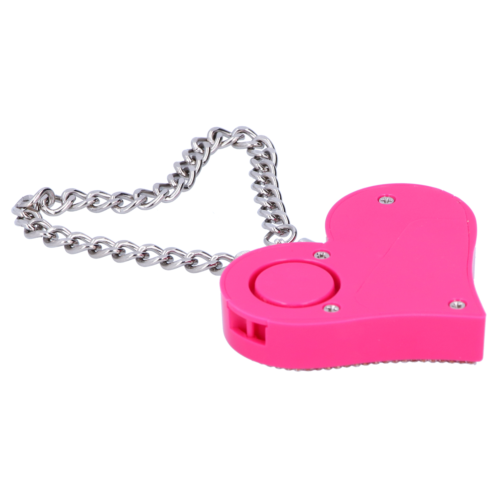 Pinke herzförmige Paniktaste mit silberner Kette. Sie hat einen Knopf und einen kleinen Lautsprecher.