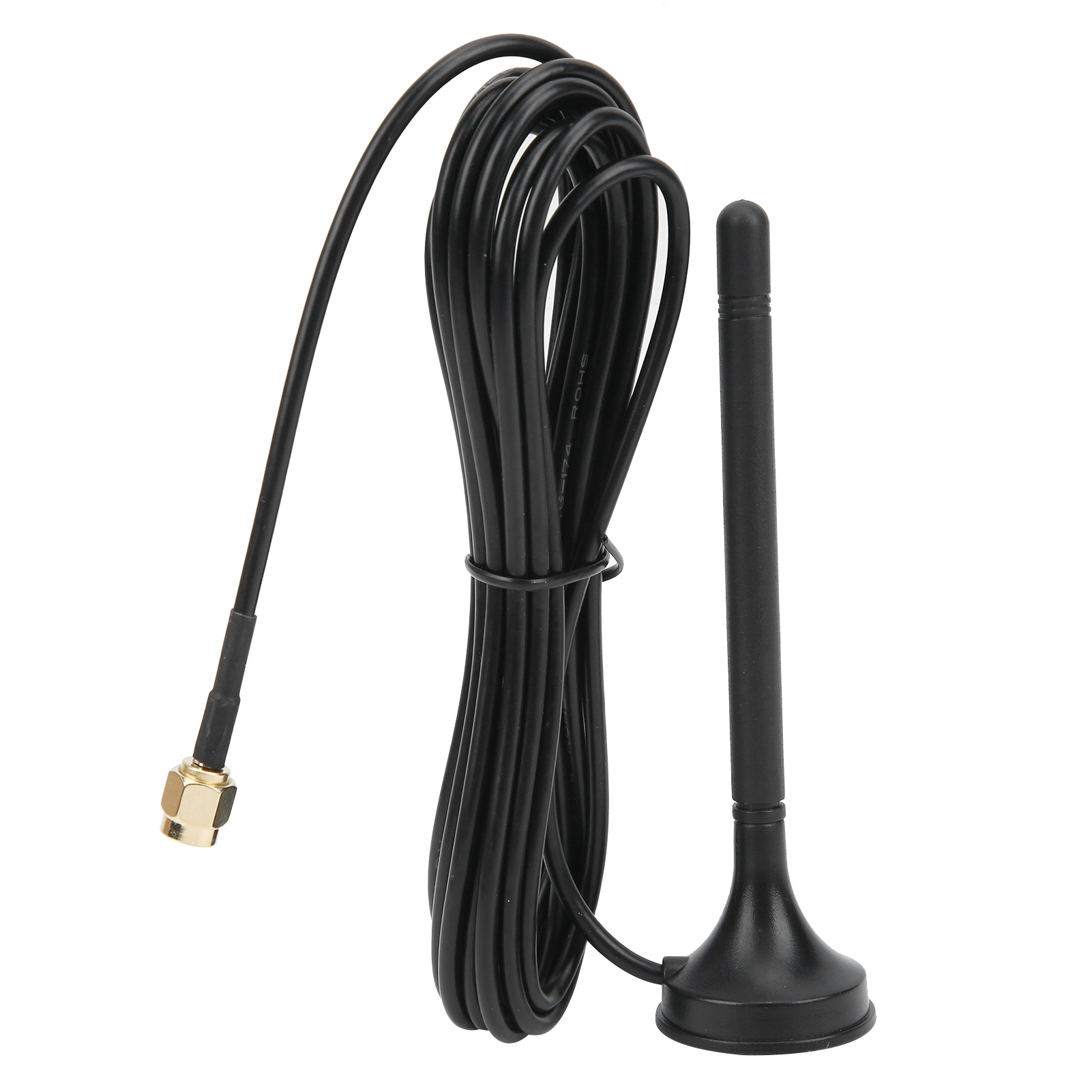 Schwarze Antenne mit langem Kabel. Goldstecker. Basis mit schwarzer Antenne. Weißer Hintergrund.
