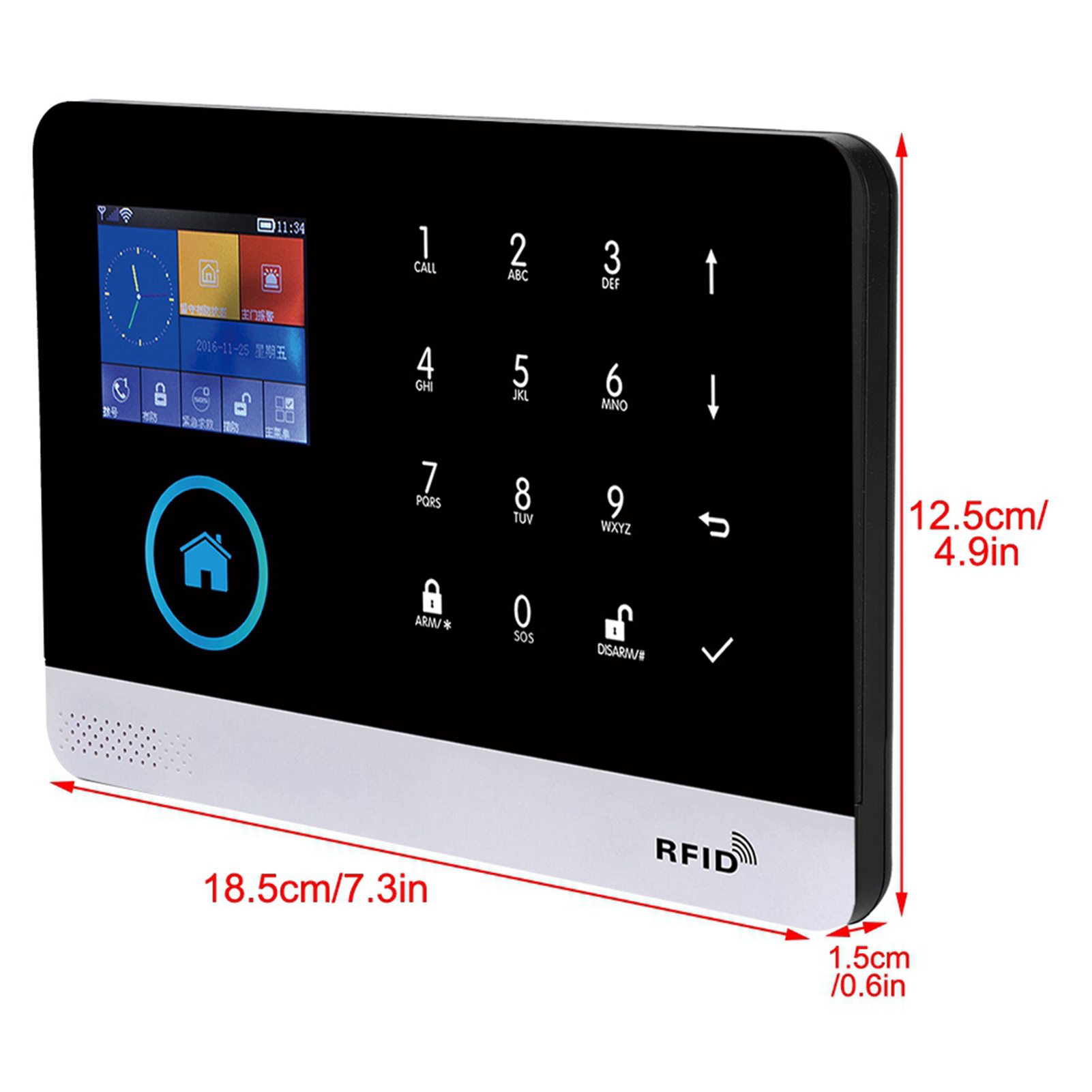 Alarmsystem mit Bildschirm, Tastatur und Abmessungen. Weißes und schwarzes Farbschema.