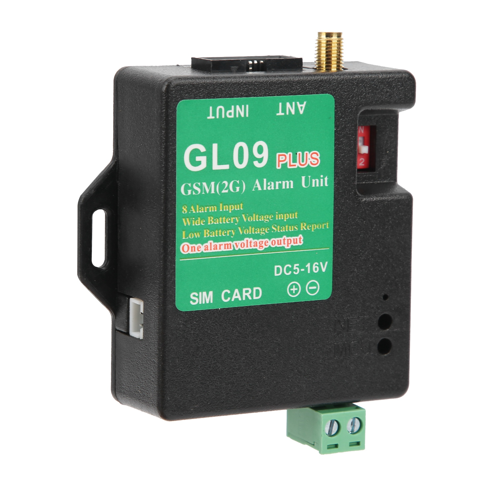 Eine schwarz-grüne GSM-Alarmeinheit mit Text und Knöpfen, beschriftet mit 'GL09 PLUS'.