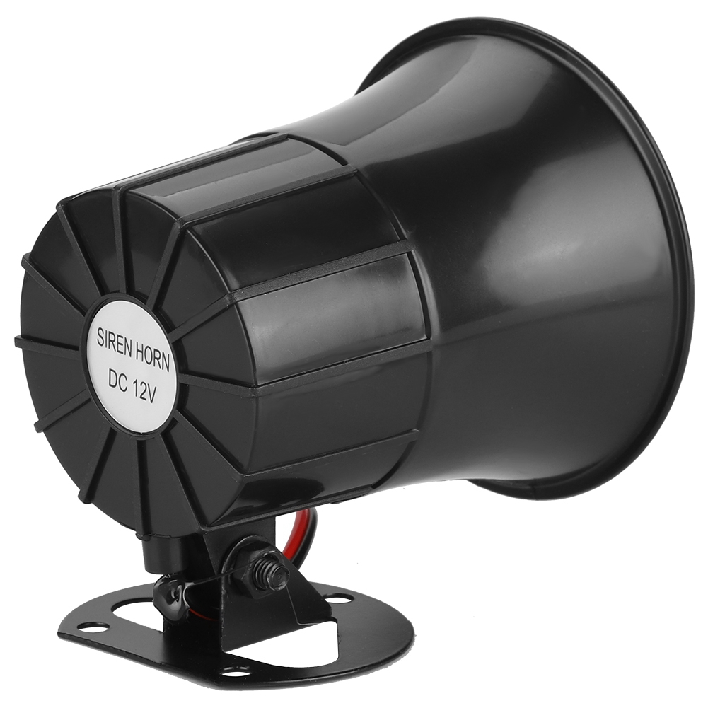 Schwarze Sirenenhupe. Kreisförmige Form mit einem weißen Aufkleber: Siren Horn DC 12V. Auf einem schwarzen Sockel montiert.