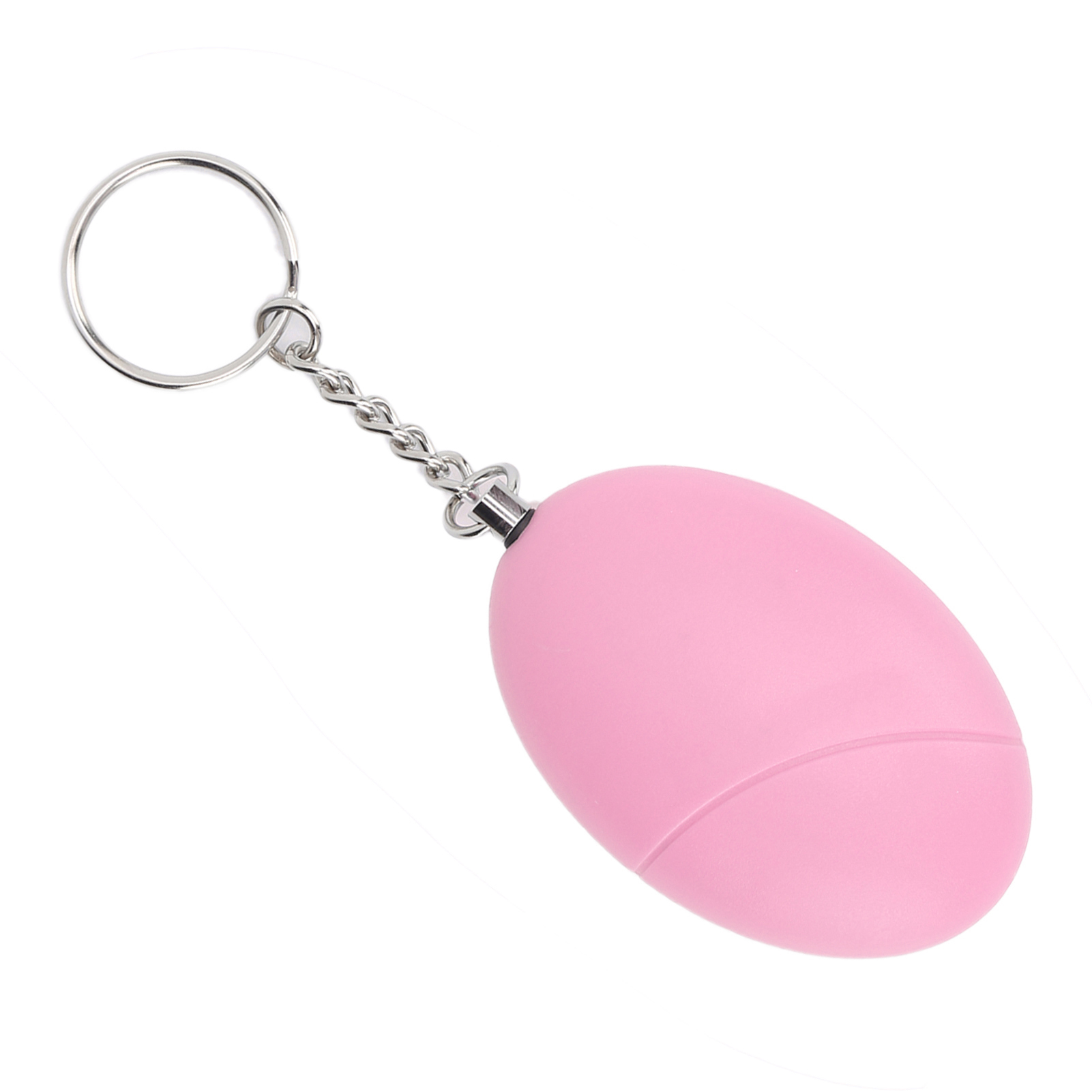 Rosa ovaler Schlüsselanhänger-Alarm. Hat eine silberne Kette und einen Ring. Weißer Hintergrund.