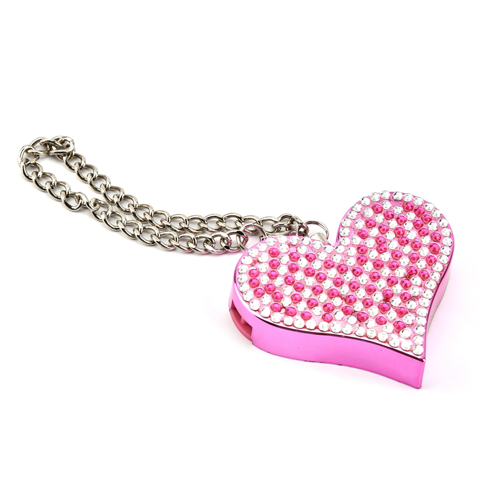 Rosa herzförmiger Schlüsselanhänger mit weißen und rosa Kristallen, mit einer Silberkette.