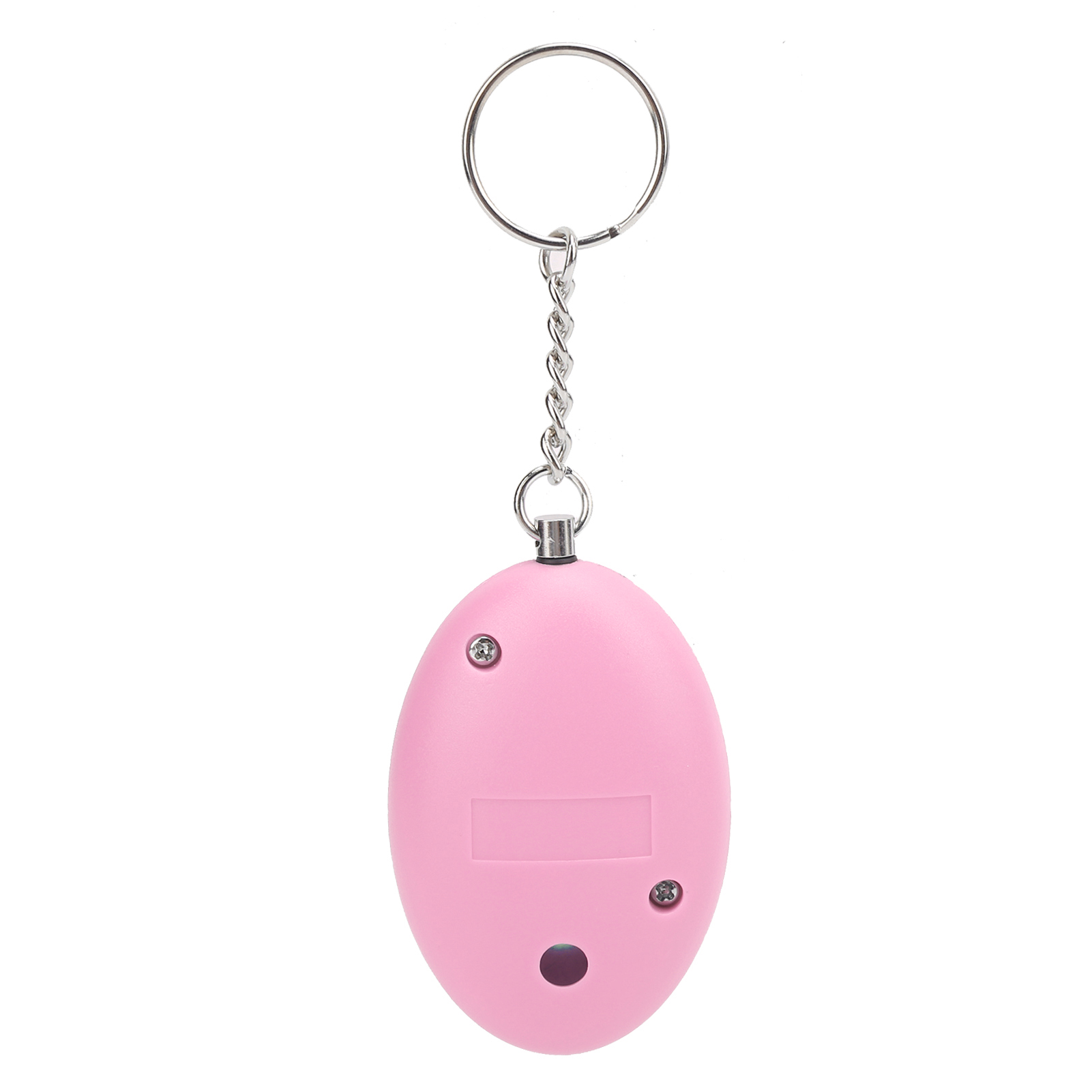 Rosa Alarm-Schlüsselanhänger. Rosa ovaler Schlüsselanhänger mit silbernem Ring und Kette.