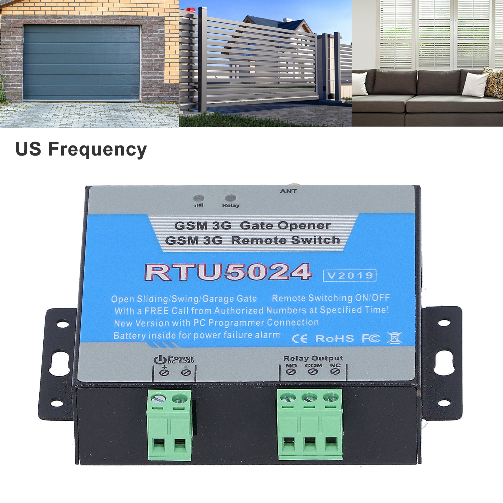Ein schwarzes Gerät mit grünen Anschlüssen, das als GSM 3G Gate Opener gekennzeichnet ist, mit Bildern von Toren und einer Couch.
