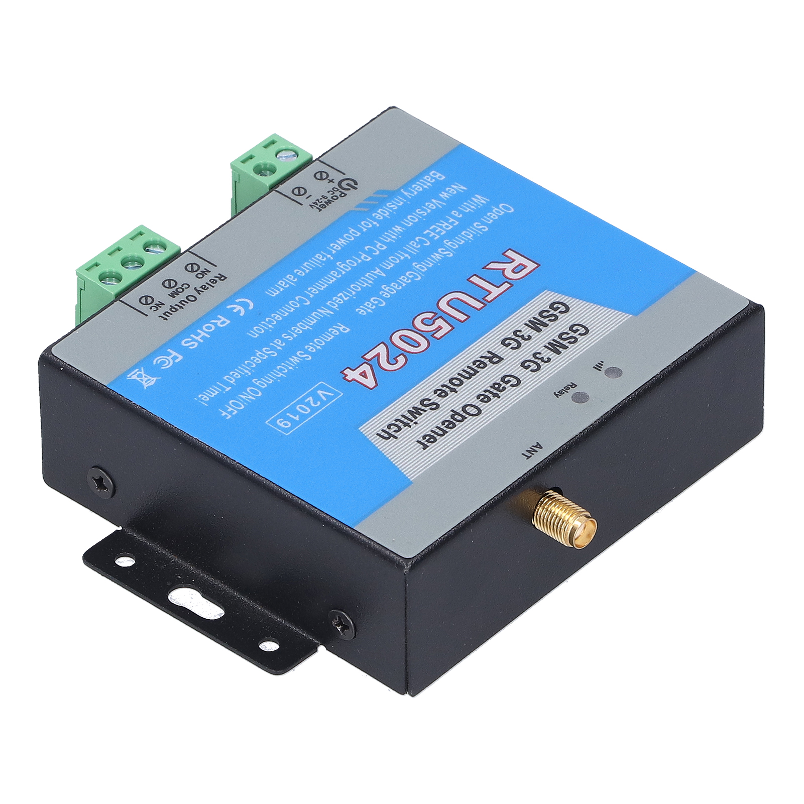 Ein schwarzes elektronisches Gerät mit grünen und gelben Anschlüssen und einer goldenen Antenne.