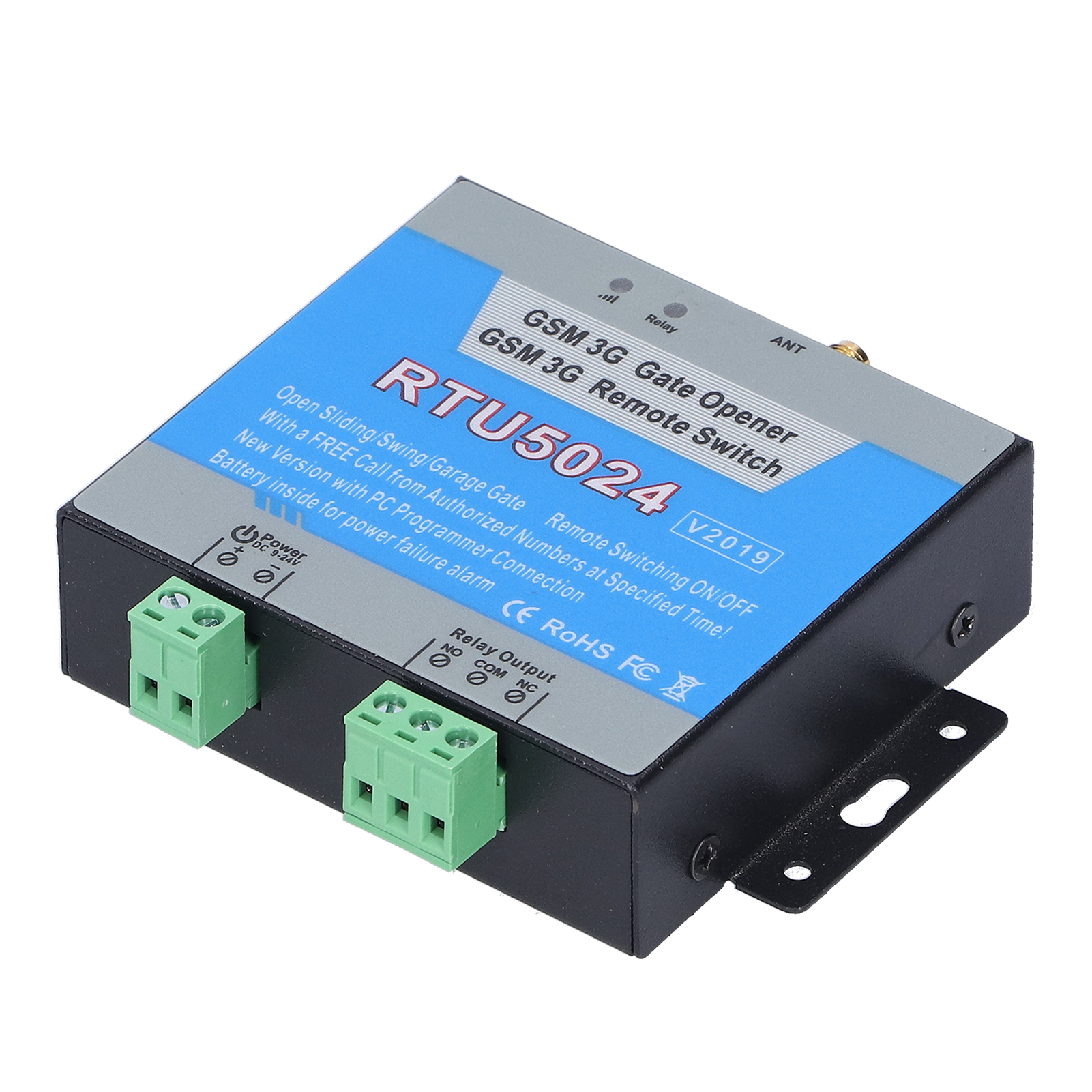 Ein schwarz-blaues elektronisches Gerät mit beschrifteten Anschlüssen und Text: GSM 3G Gate Opener Remote Switch.
