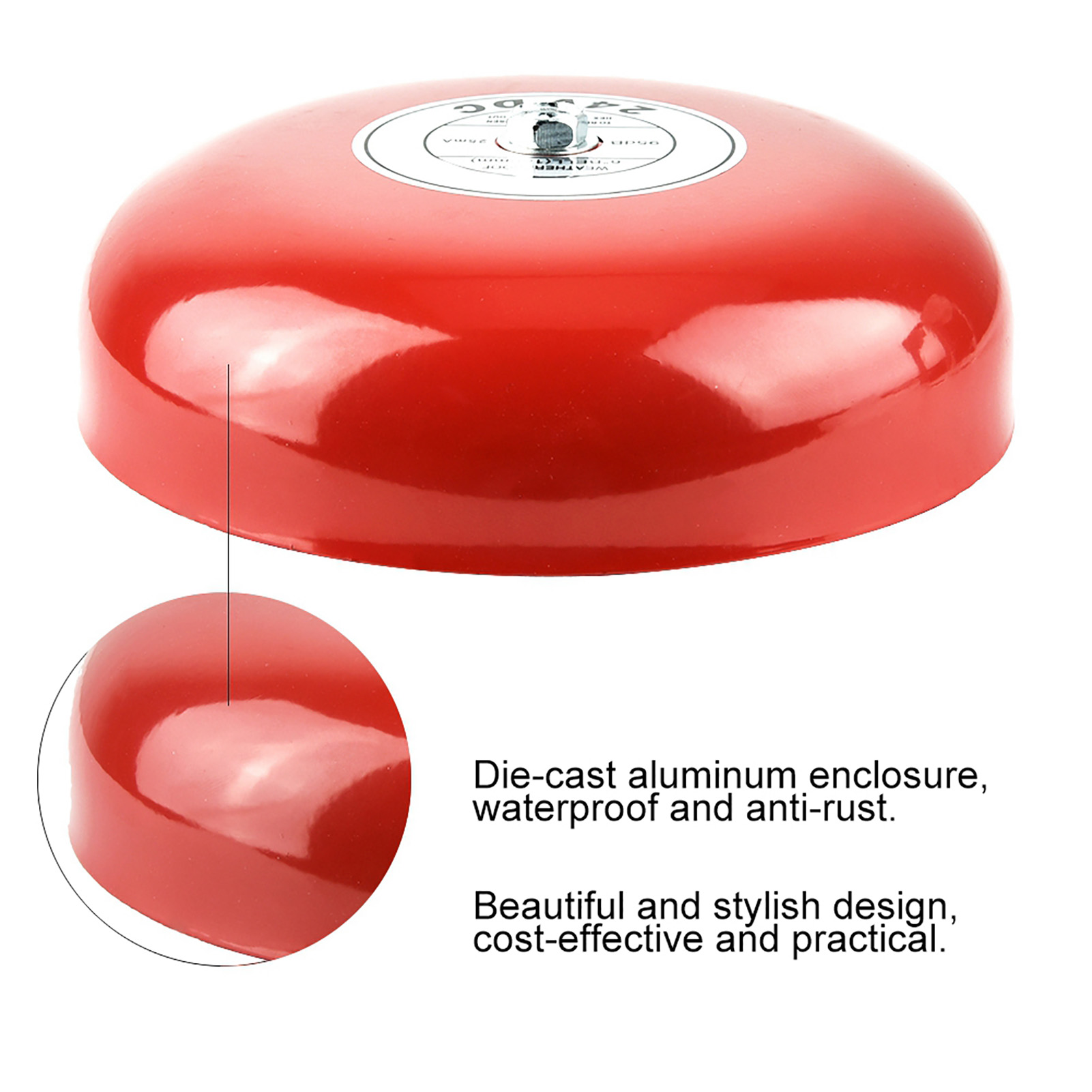 Rote Feueralarmglocke mit Gehäuse aus Aluminiumguss. Detailansicht der Glocke und ihrer Komponenten.