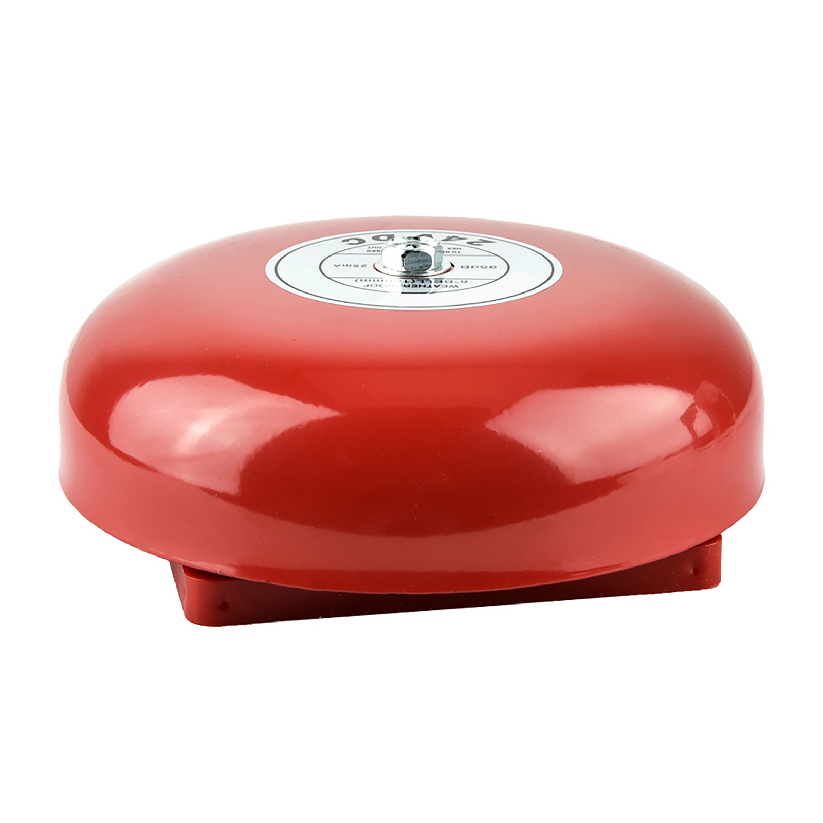 Eine rote Feueralarmglocke mit weißem kreisförmigem Etikett, auf roter Basis, vor weißem Hintergrund.